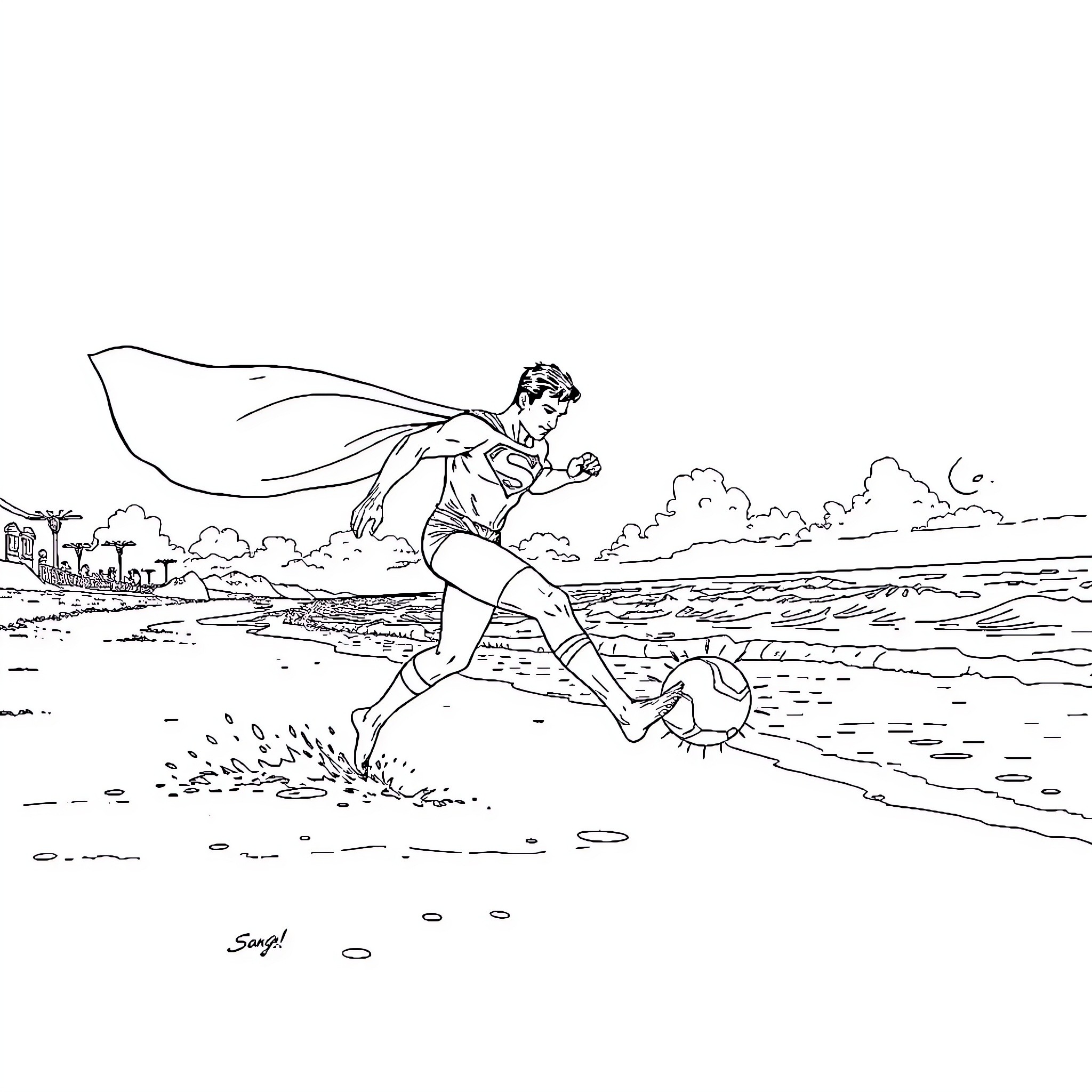 Superman soaring over the city in action Coloring Page (free black-and-white line drawing printable PDF for all, from beginners to advanced learners, including children, teens, adults, and seniors)