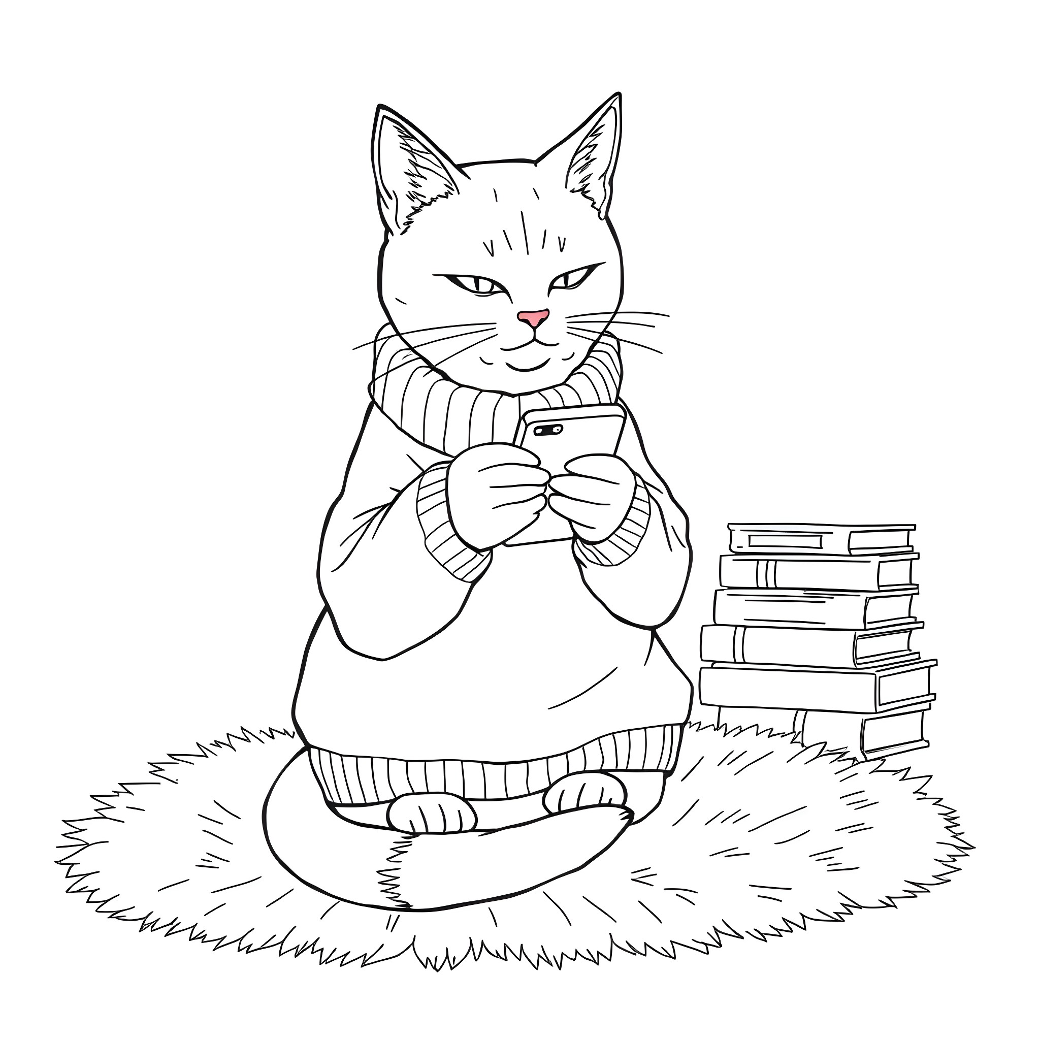 Cat Reading Books Intently Coloring Page (free black-and-white line drawing printable PDF for all, from beginners to advanced learners, including children, teens, adults, and seniors)