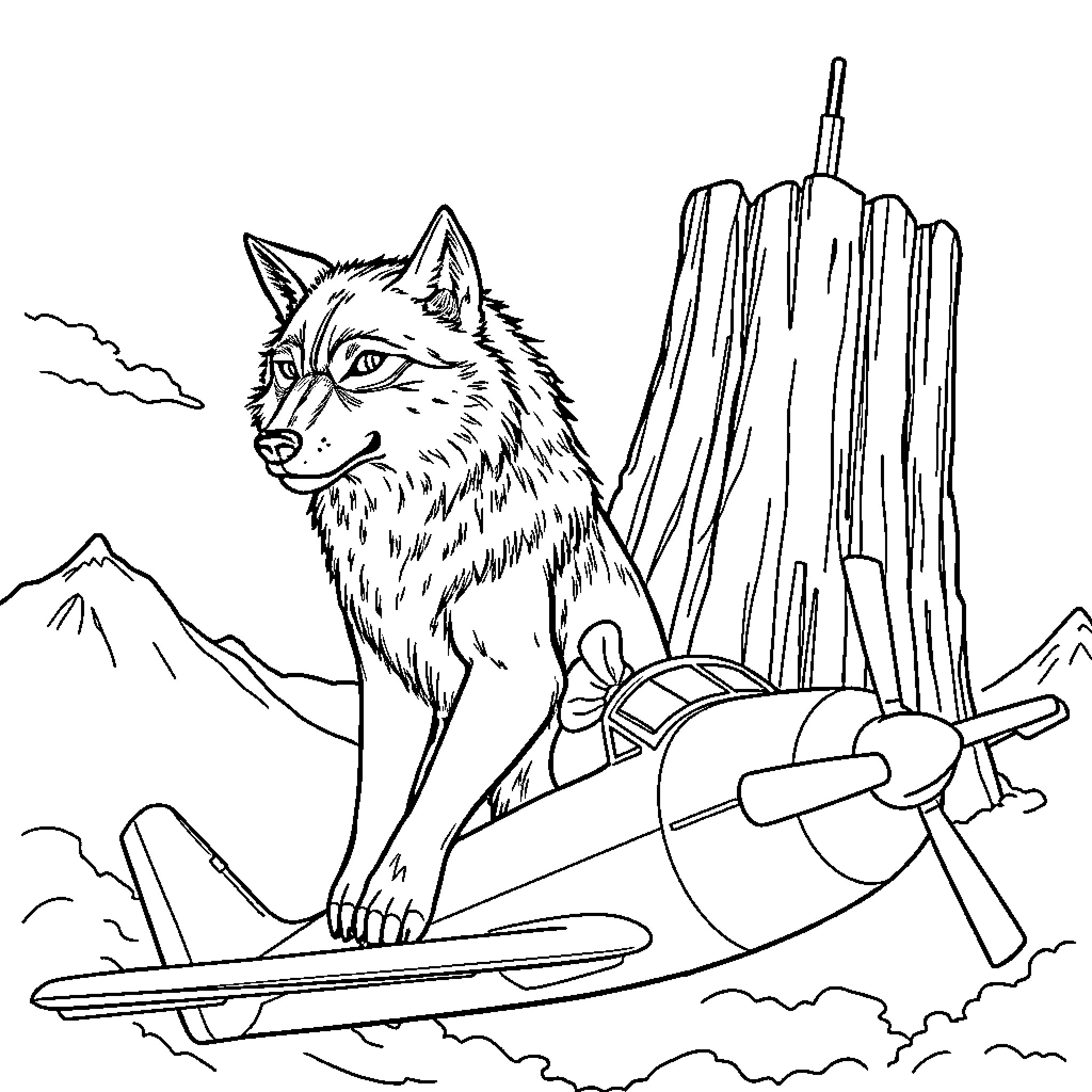 Wolf Riding Snowmobile in Snowy Landscape Coloring Page (free black-and-white line drawing printable PDF for all, from beginners to advanced learners, including children, teens, adults, and seniors)