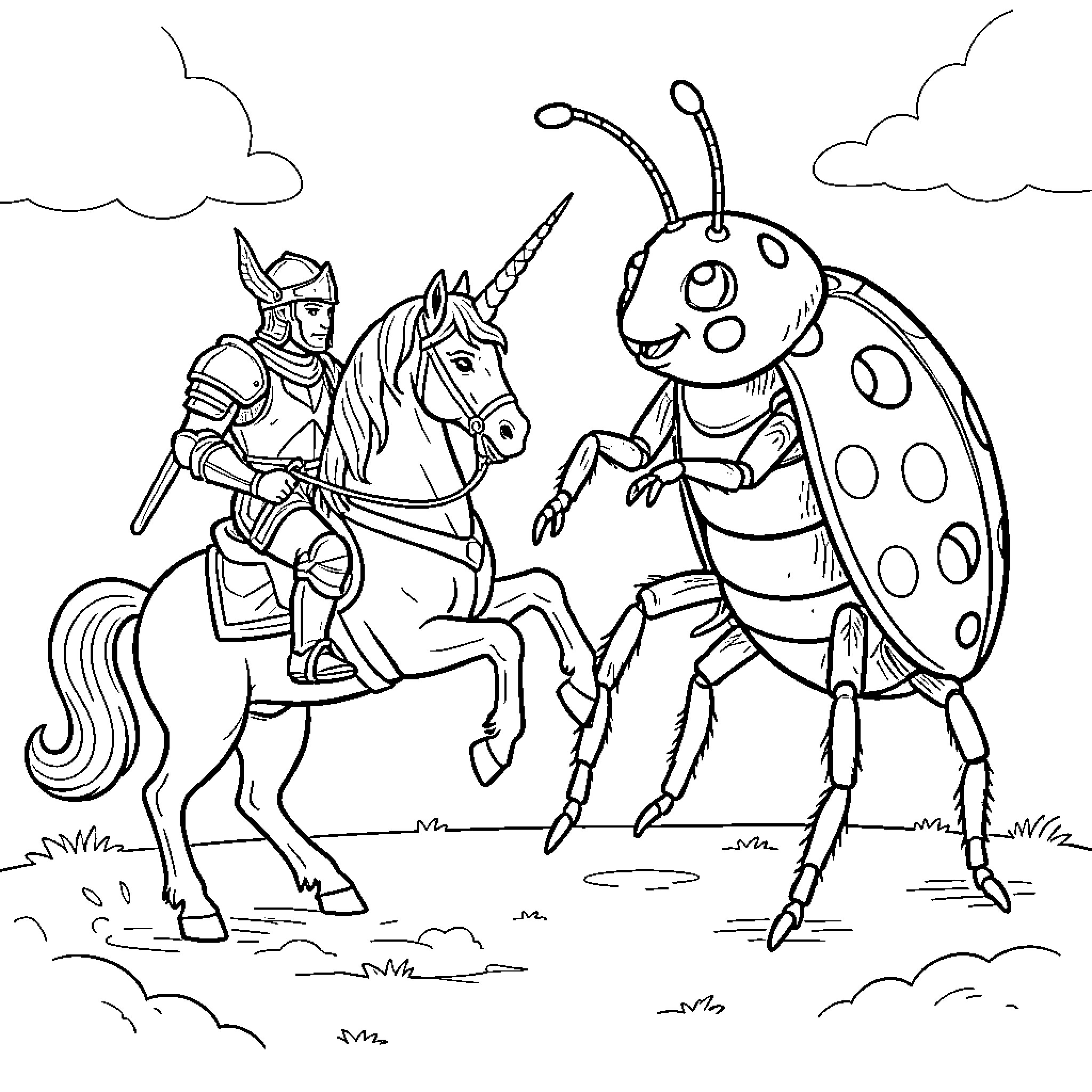 Chevalier on a unicorn meeting a giant ladybug Coloring Page (free black-and-white line drawing printable PDF for all, from beginners to advanced learners, including children, teens, adults, and seniors)