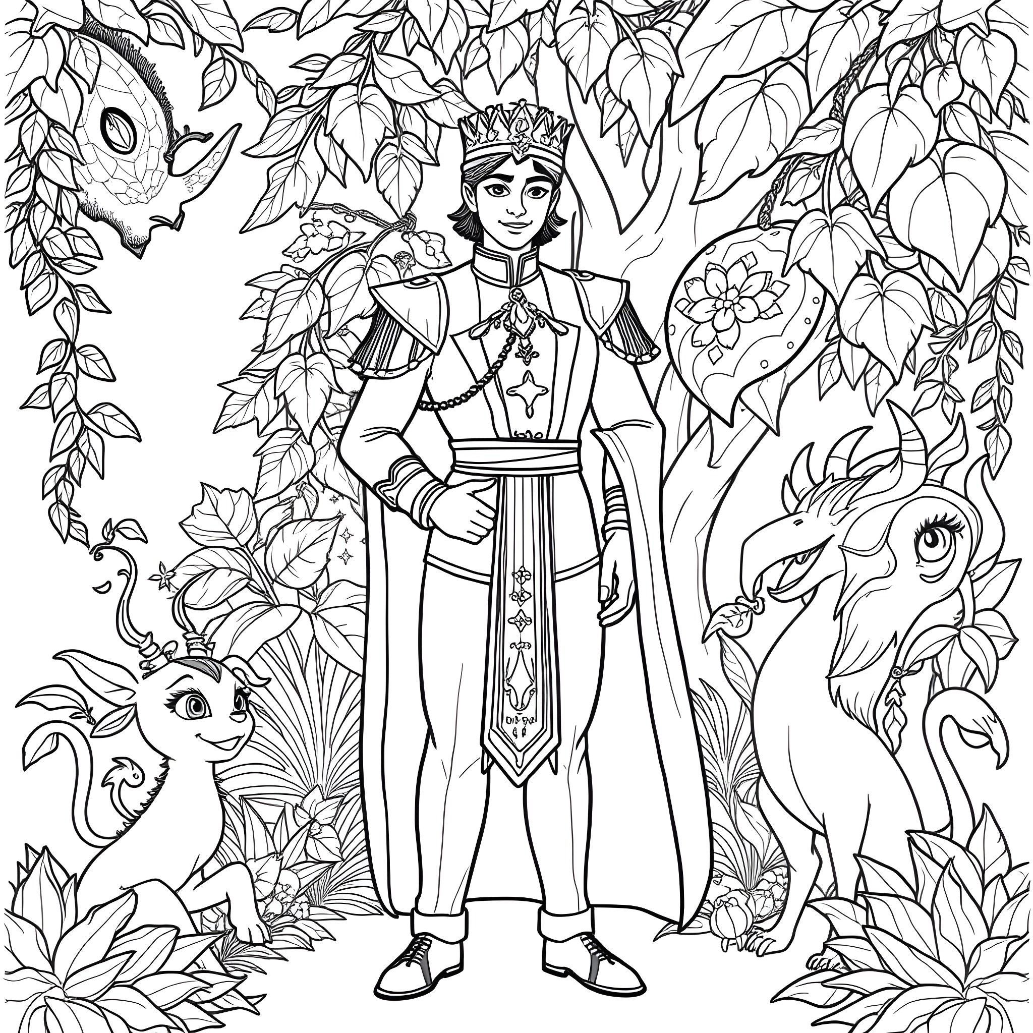 Prince in a Fantastical Forest Scene Coloring Page (free black-and-white line drawing printable PDF for all, from beginners to advanced learners, including children, teens, adults, and seniors)