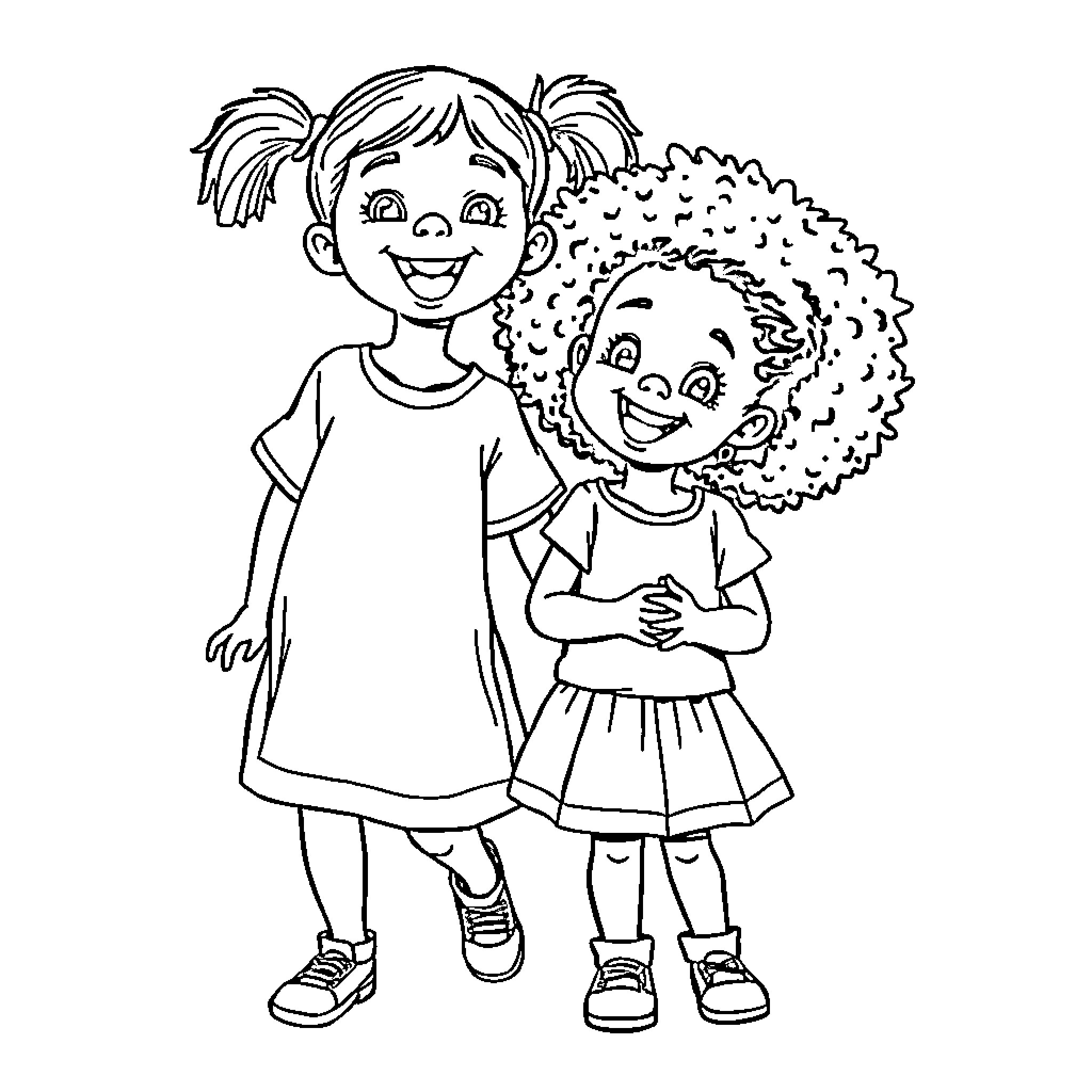 Sisters sharing a joyful moment Coloring Page (free black-and-white line drawing printable PDF for all, from beginners to advanced learners, including children, teens, adults, and seniors)