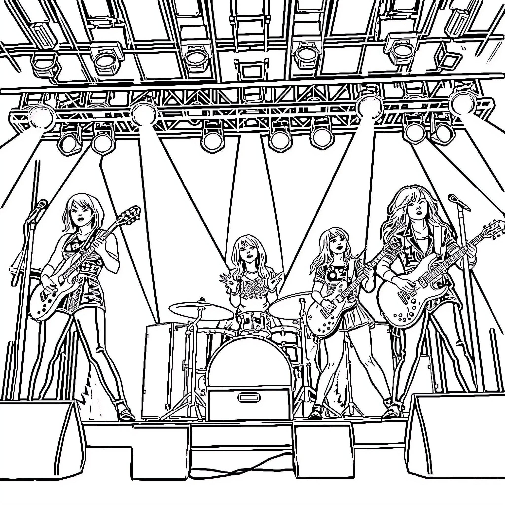 Blackpink Performing on Stage with Instruments Coloring Page (free black-and-white line drawing printable PDF for all, from beginners to advanced learners, including children, teens, adults, and seniors)