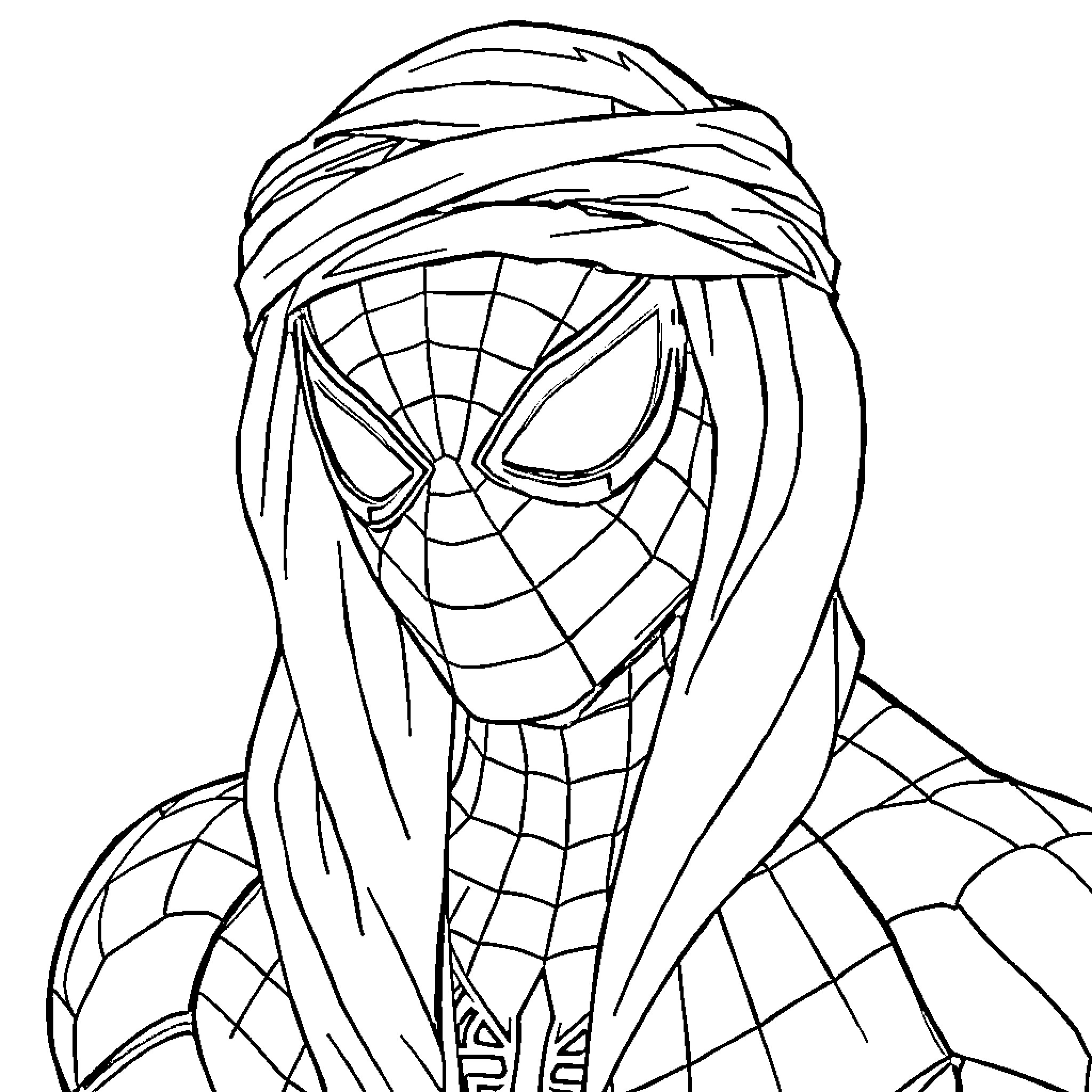 Spider-Man in mysterious web-like attire Coloring Page (free black-and-white line drawing printable PDF for all, from beginners to advanced learners, including children, teens, adults, and seniors)