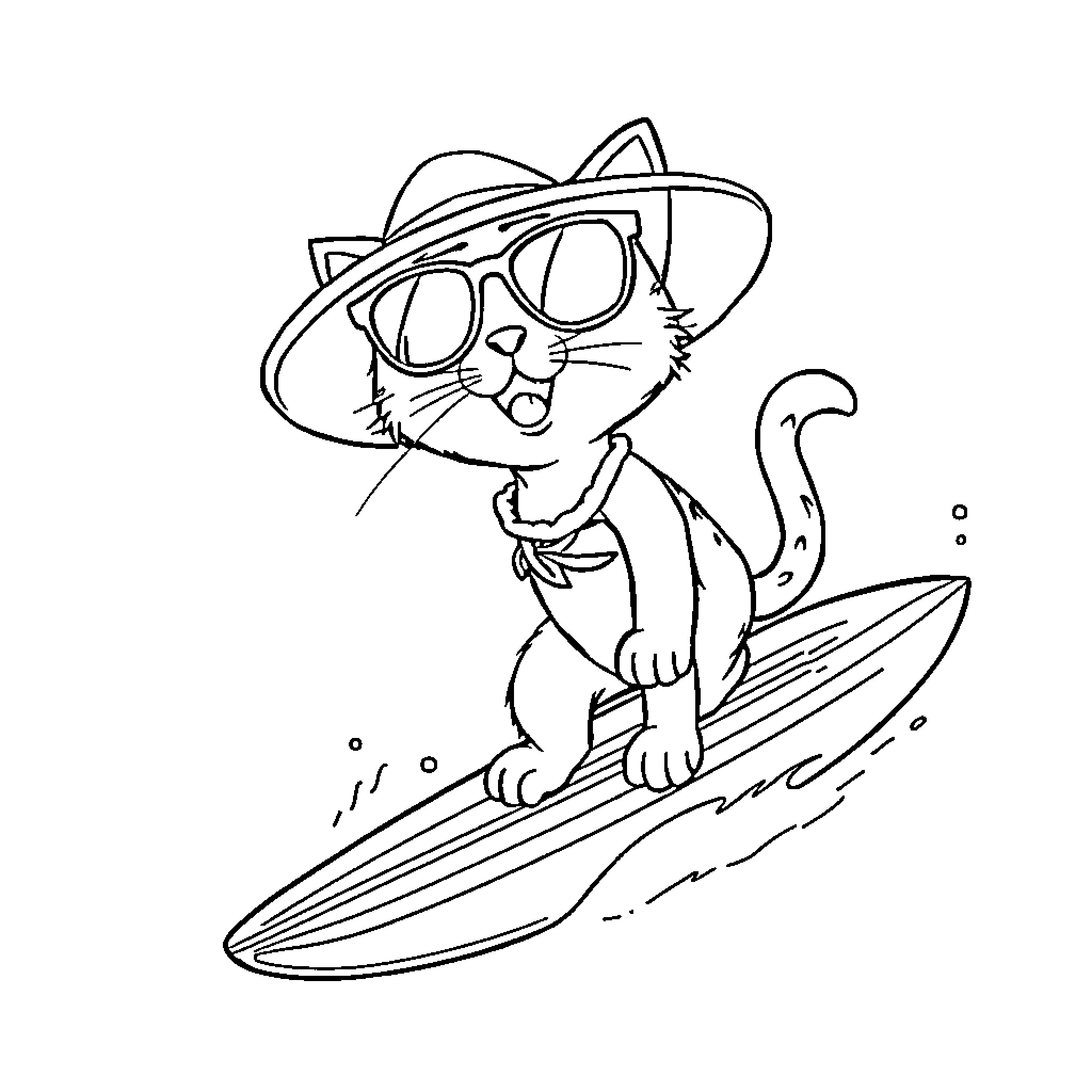 Cat surfing cool and stylish Coloring Page (free black-and-white line drawing printable PDF for all, from beginners to advanced learners, including children, teens, adults, and seniors)