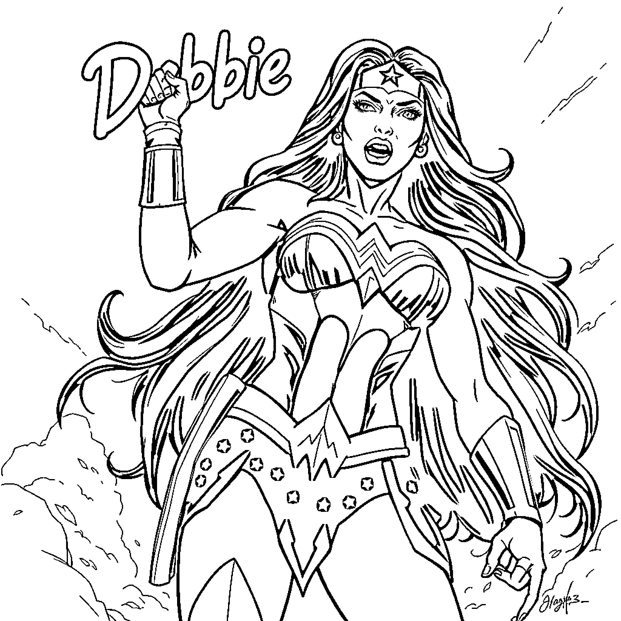 Wonder Woman striking a heroic pose Coloring Page (free black-and-white line drawing printable PDF for all, from beginners to advanced learners, including children, teens, adults, and seniors)