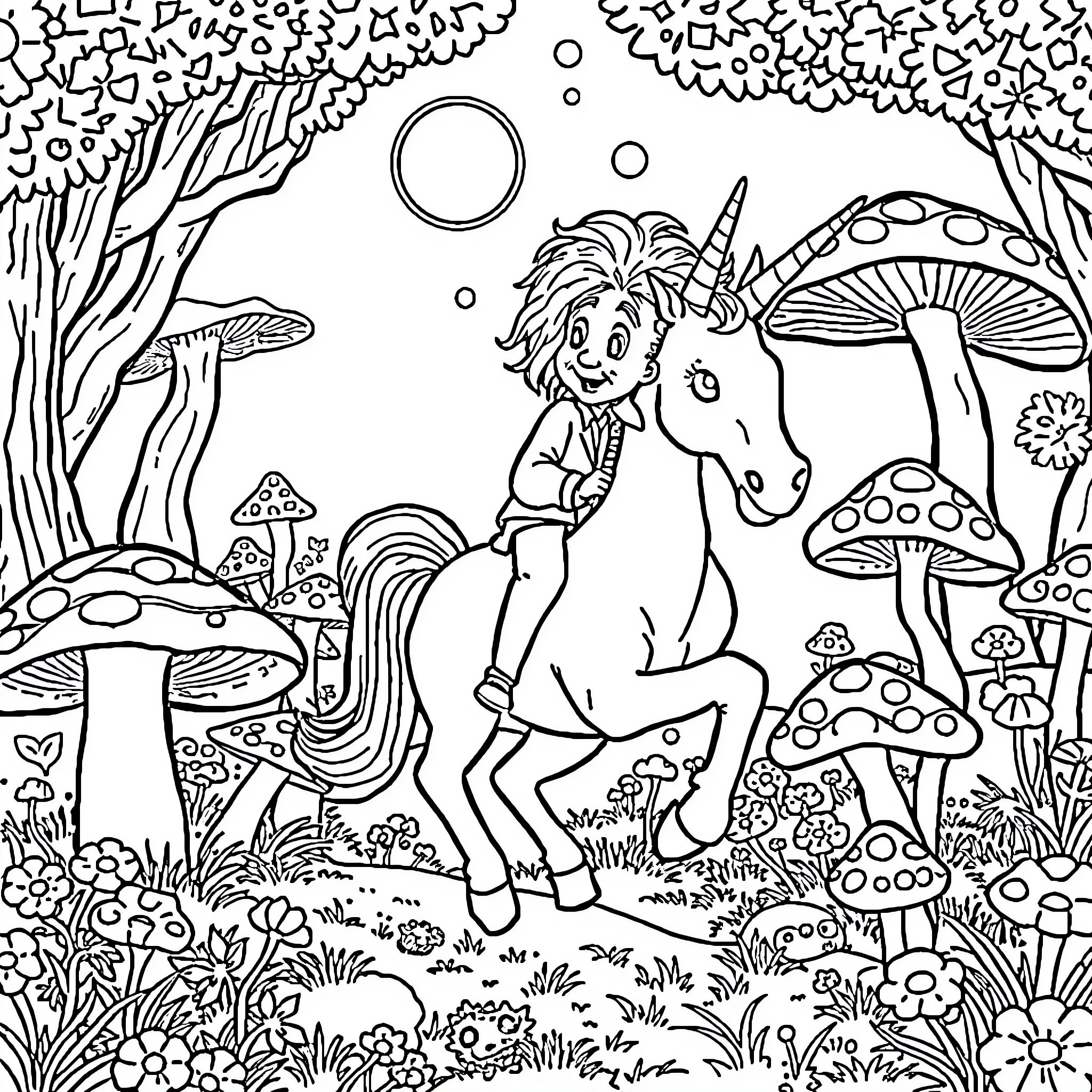 Albert Einstein riding a whimsical unicorn in a fantastical forest Coloring Page (free black-and-white line drawing printable PDF for all, from beginners to advanced learners, including children, teens, adults, and seniors)