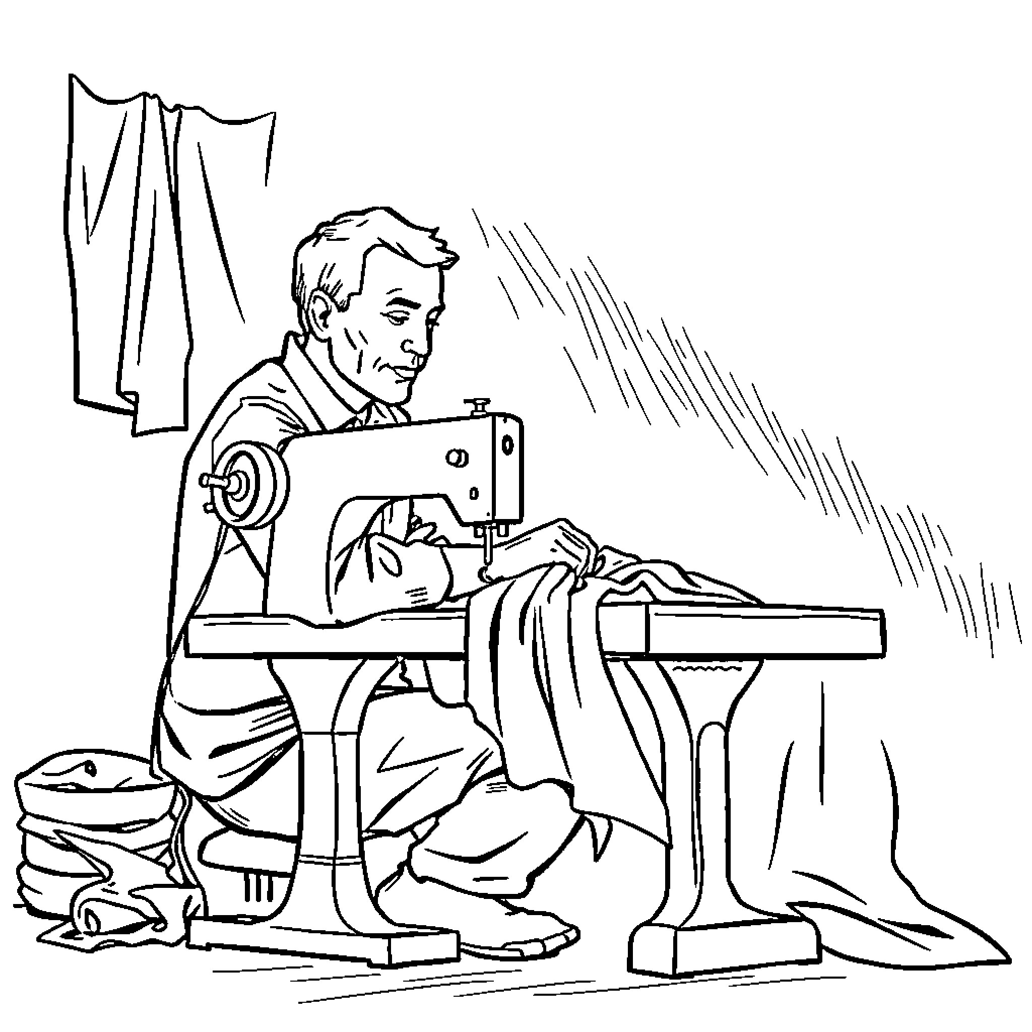 Man working intently on a sewing machine Coloring Page (free black-and-white line drawing printable PDF for all, from beginners to advanced learners, including children, teens, adults, and seniors)