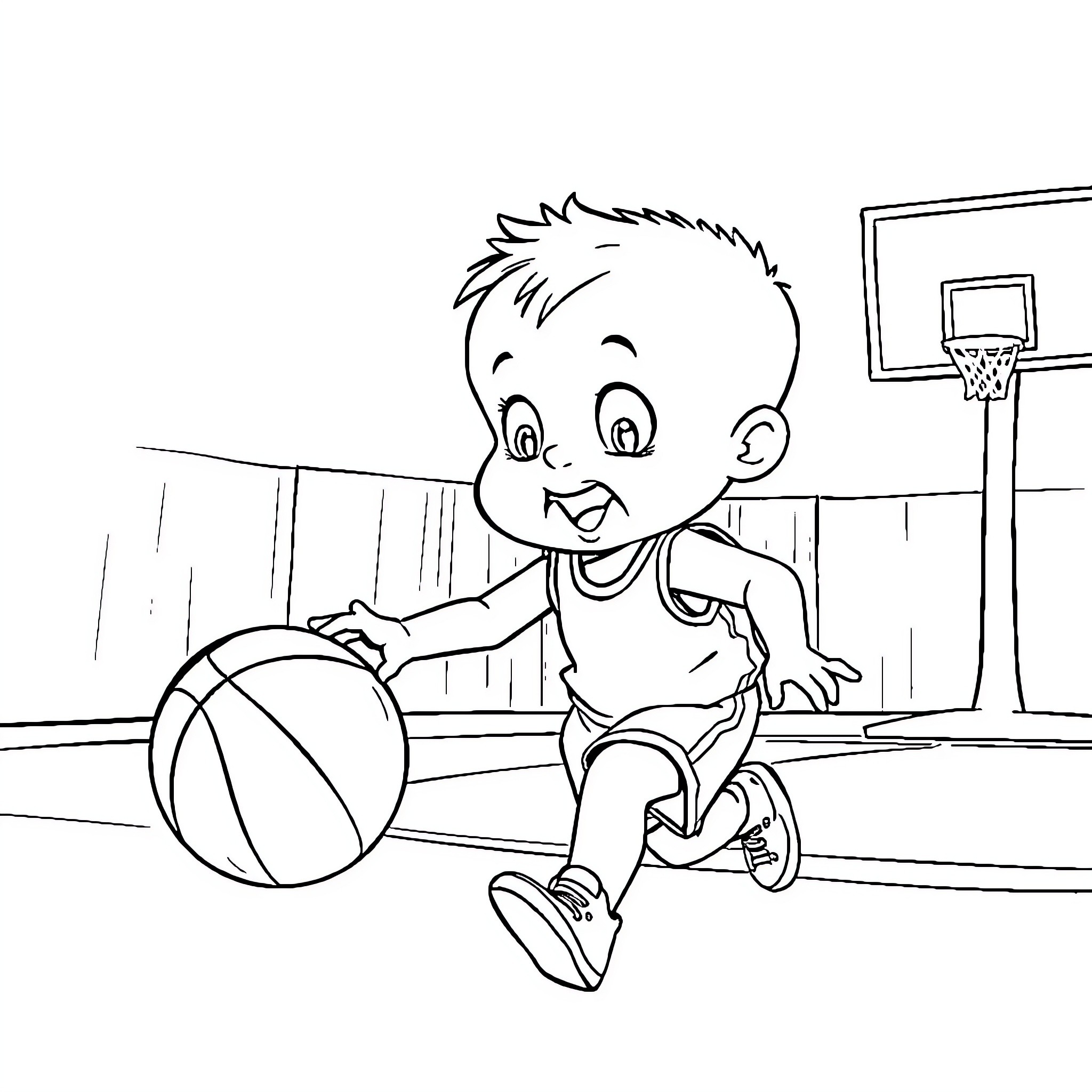 Stewie playing basketball with joy Coloring Page (free black-and-white line drawing printable PDF for all, from beginners to advanced learners, including children, teens, adults, and seniors)