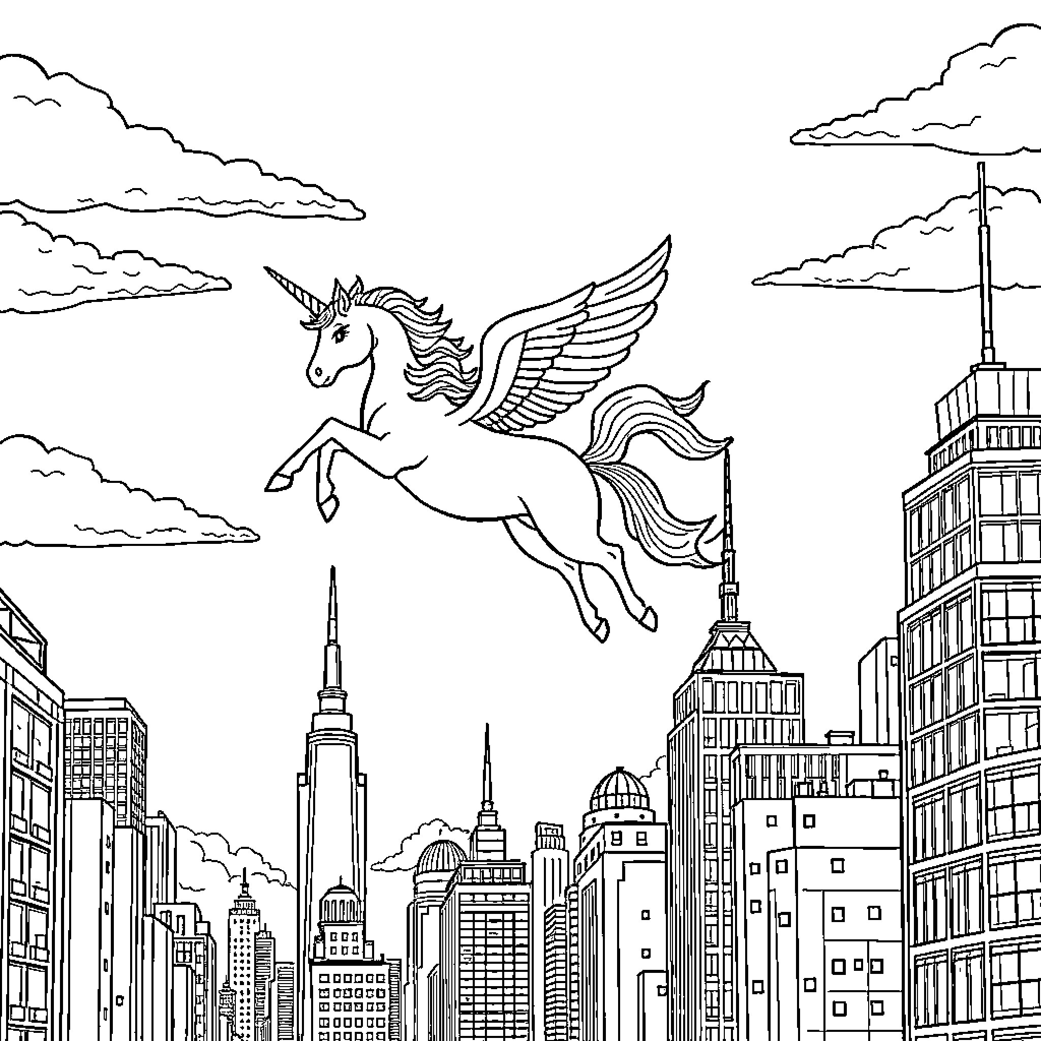 Unicorn soaring over the modern city Coloring Page (free black-and-white line drawing printable PDF for all, from beginners to advanced learners, including children, teens, adults, and seniors)