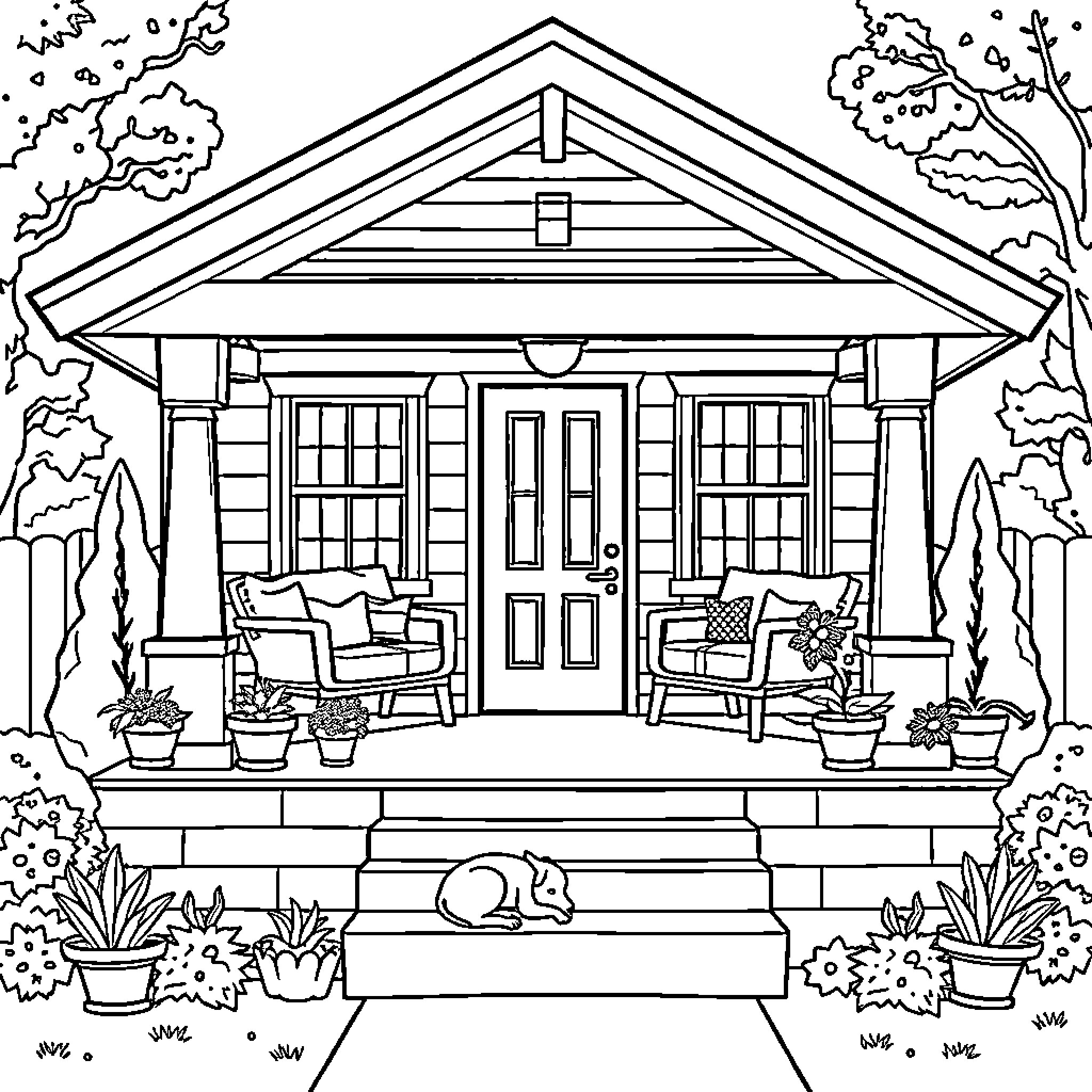 Bungalow with cozy porch and garden Coloring Page (free black-and-white line drawing printable PDF for all, from beginners to advanced learners, including children, teens, adults, and seniors)