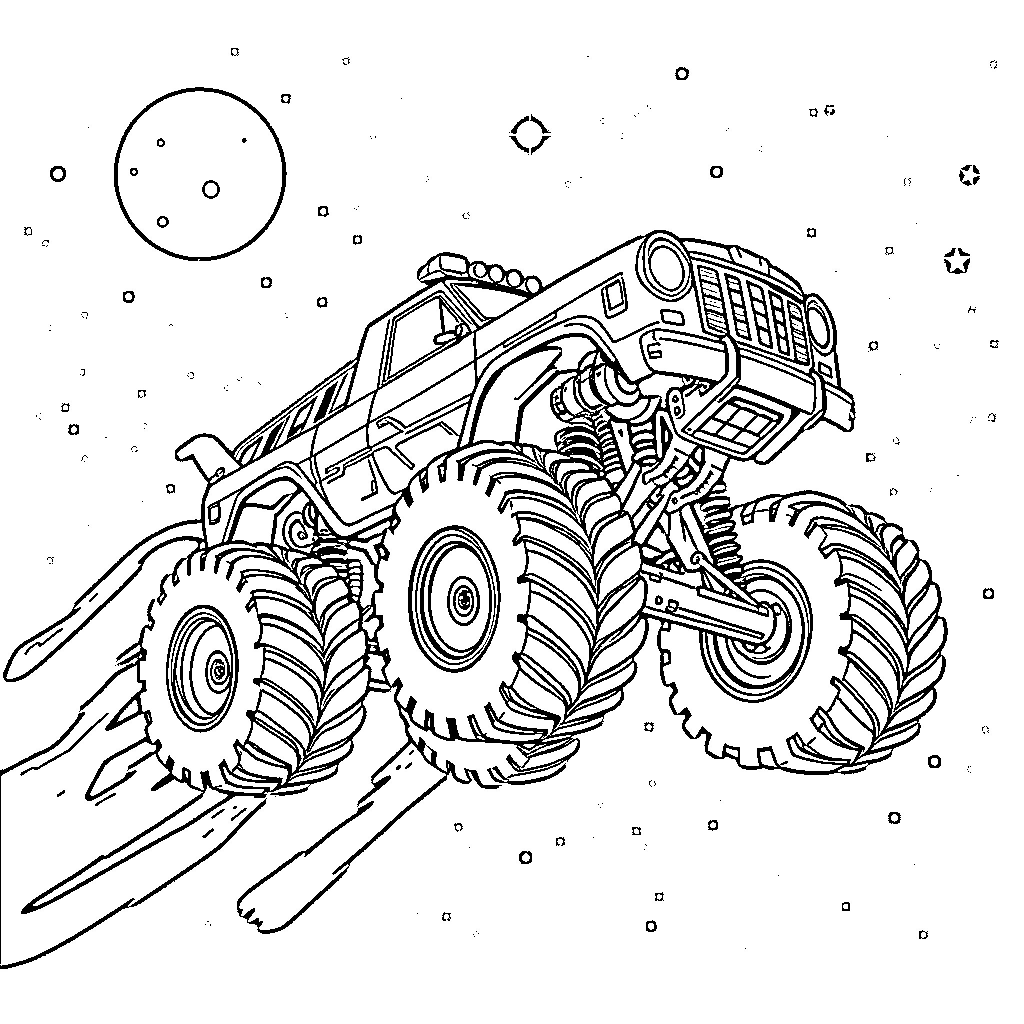 Monster Truck jumping over obstacles in the starry sky Coloring Page (free black-and-white line drawing printable PDF for all, from beginners to advanced learners, including children, teens, adults, and seniors)