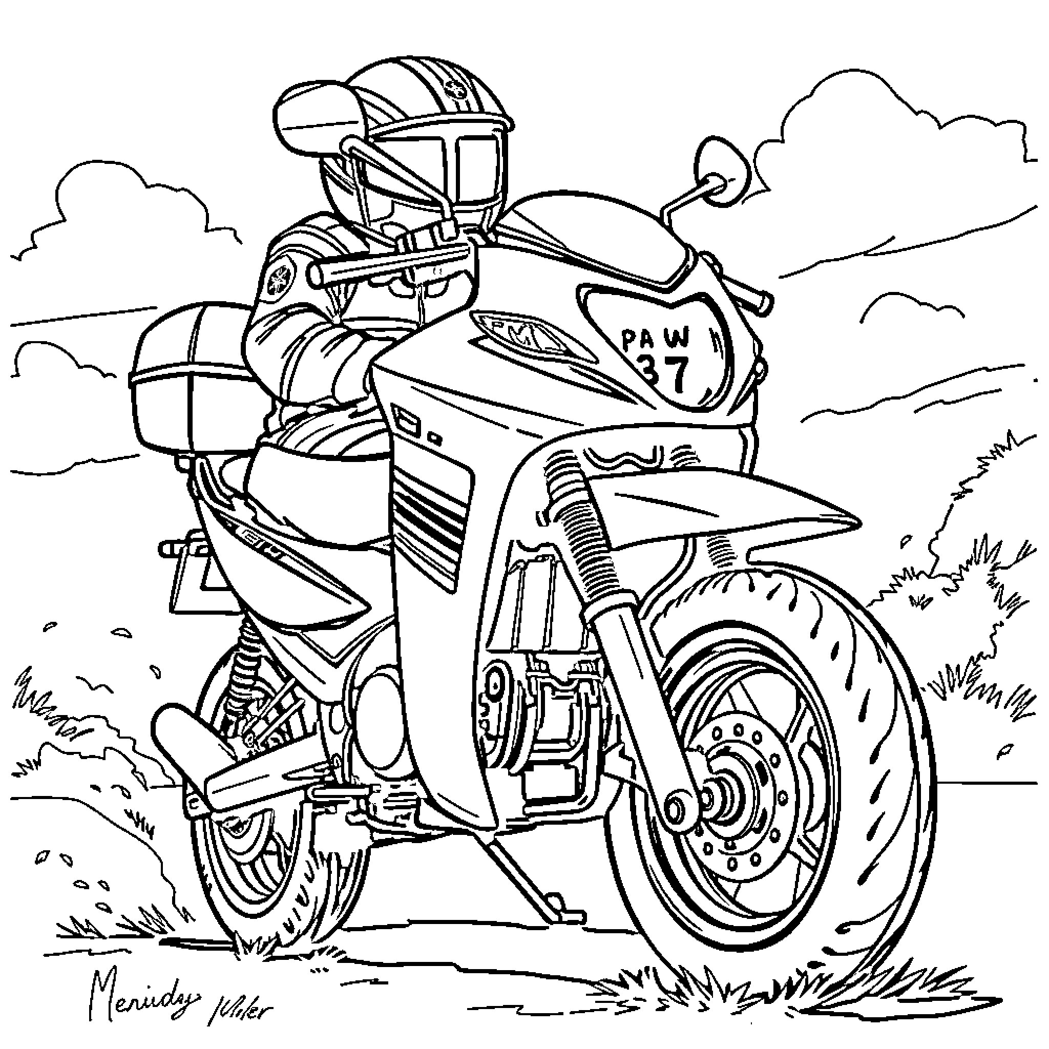 Yamaha PW 50 motorcycle adventure ride through countryside Coloring Page (free black-and-white line drawing printable PDF for all, from beginners to advanced learners, including children, teens, adults, and seniors)