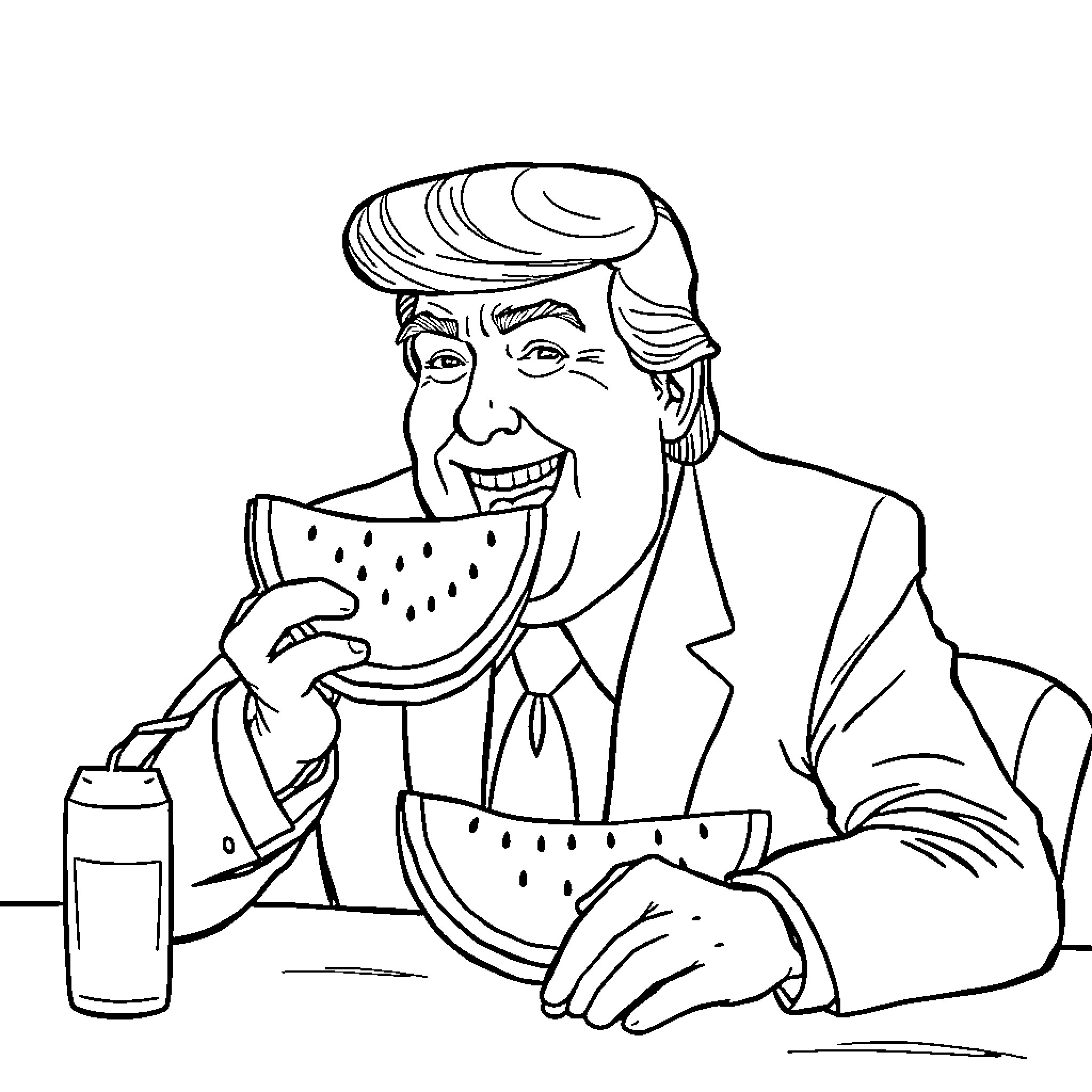 Donald Trump enjoying a tasty watermelon snack Coloring Page (free black-and-white line drawing printable PDF for all, from beginners to advanced learners, including children, teens, adults, and seniors)