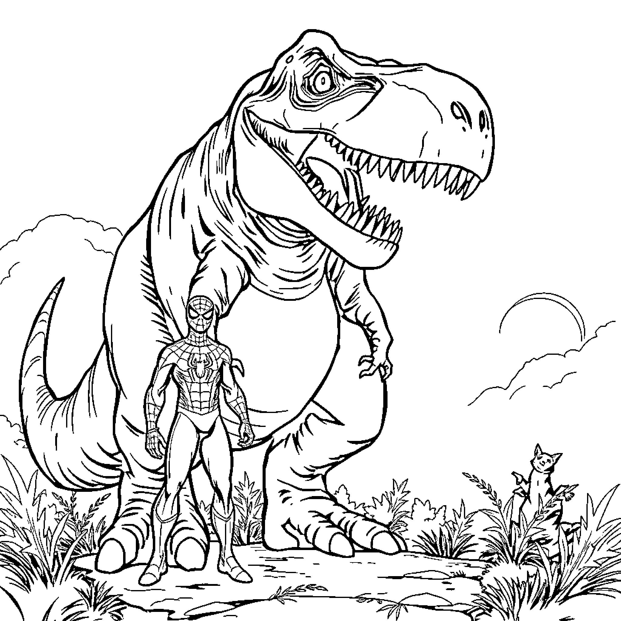 T-Rex and Superhero in Prehistoric Landscape Coloring Page (free black-and-white line drawing printable PDF for all, from beginners to advanced learners, including children, teens, adults, and seniors)