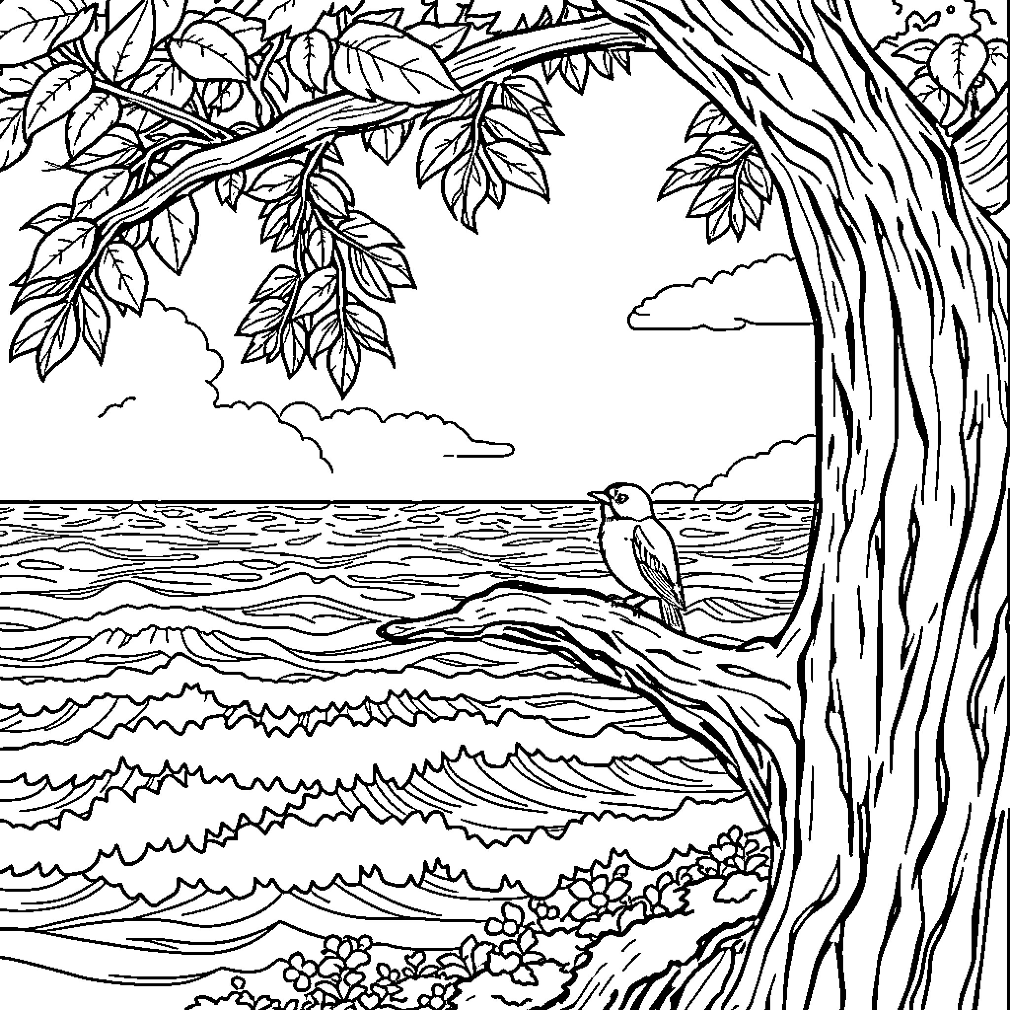 Bird perched on tree by calm ocean Coloring Page (free black-and-white line drawing printable PDF for all, from beginners to advanced learners, including children, teens, adults, and seniors)