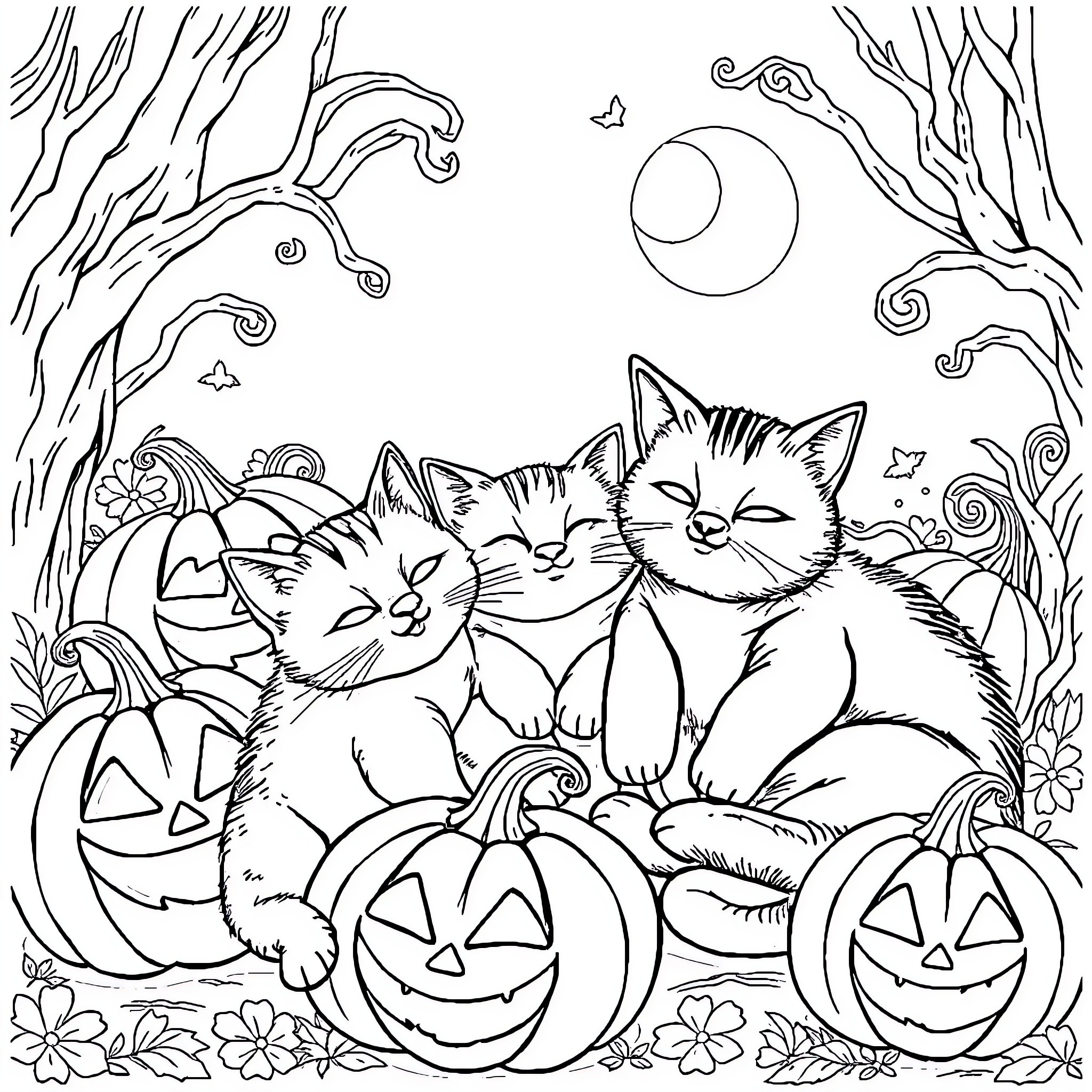 Cat companions resting in a Halloween scene Coloring Page (free black-and-white line drawing printable PDF for all, from beginners to advanced learners, including children, teens, adults, and seniors)