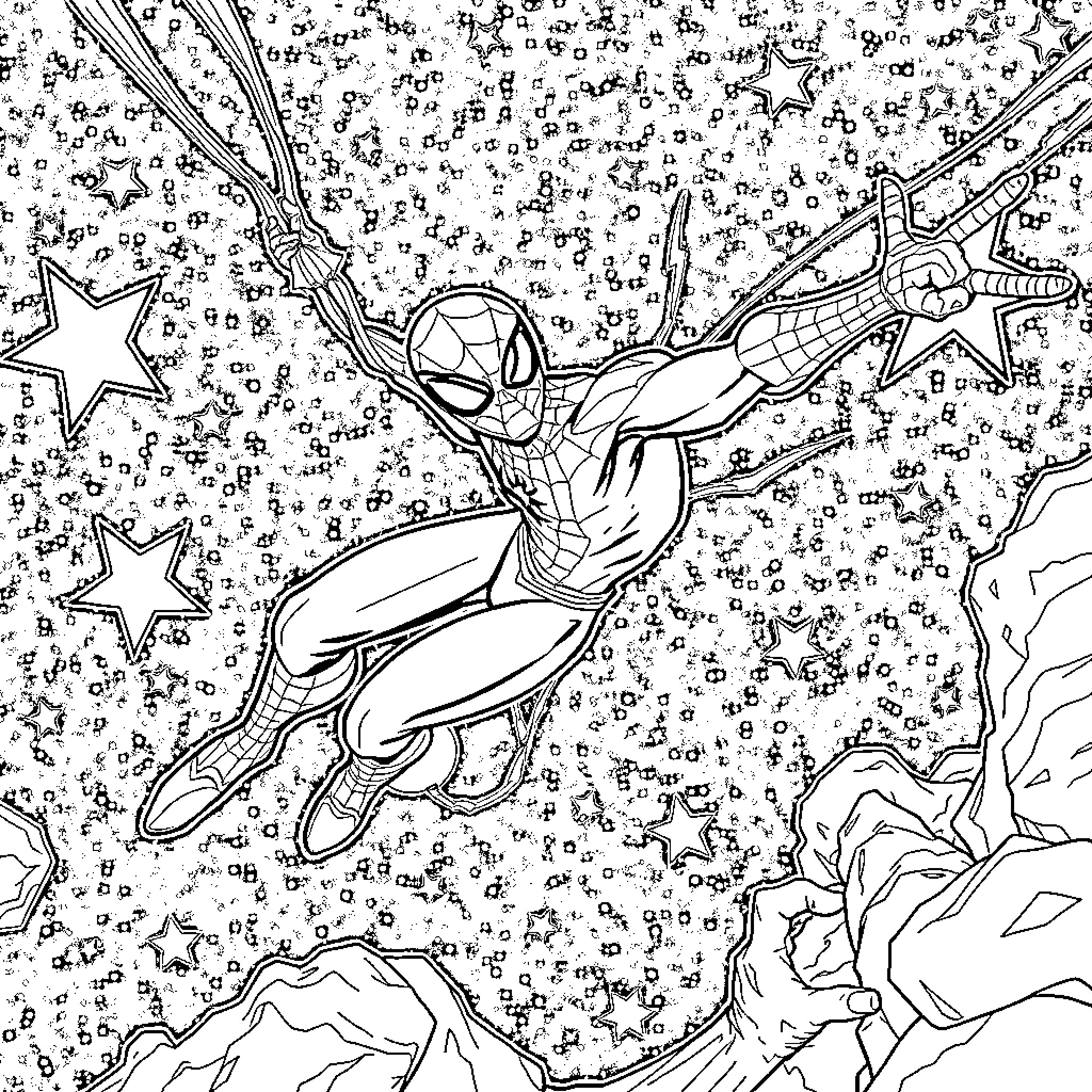 Spiderman swinging through the starry night sky Coloring Page (free black-and-white line drawing printable PDF for all, from beginners to advanced learners, including children, teens, adults, and seniors)