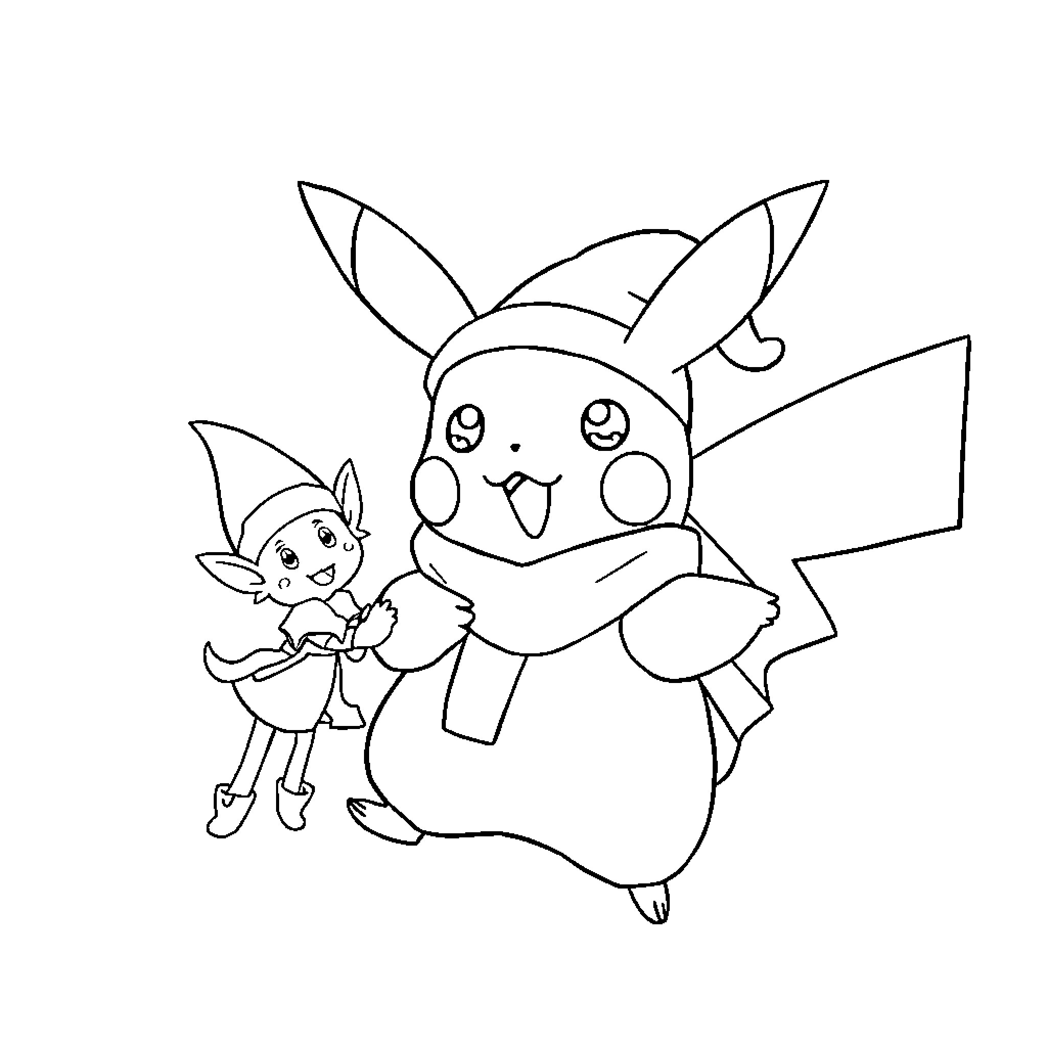 Pikachu and friend in playful encounter Coloring Page (free black-and-white line drawing printable PDF for all, from beginners to advanced learners, including children, teens, adults, and seniors)