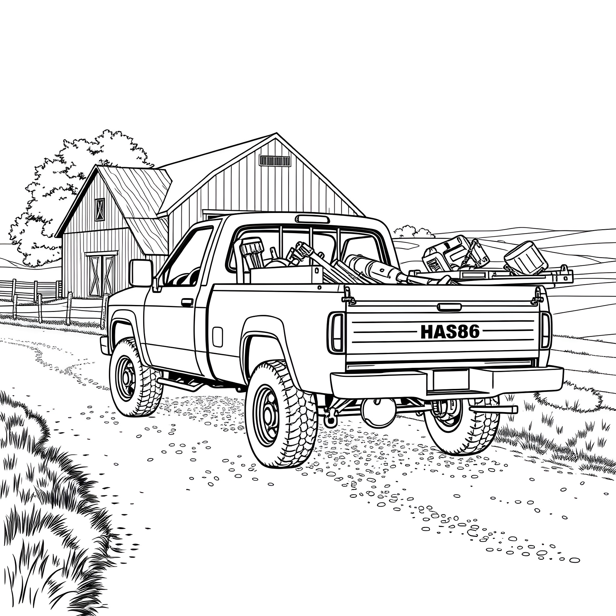 Pickup Truck Loaded with Supplies on Rural Road Coloring Page (free black-and-white line drawing printable PDF for all, from beginners to advanced learners, including children, teens, adults, and seniors)