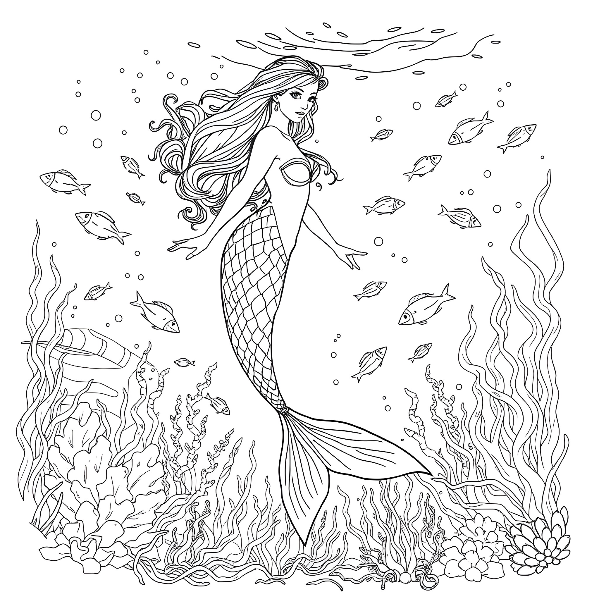Mermaid Enchanting Underwater Wonderland Coloring Page (free black-and-white line drawing printable PDF for all, from beginners to advanced learners, including children, teens, adults, and seniors)