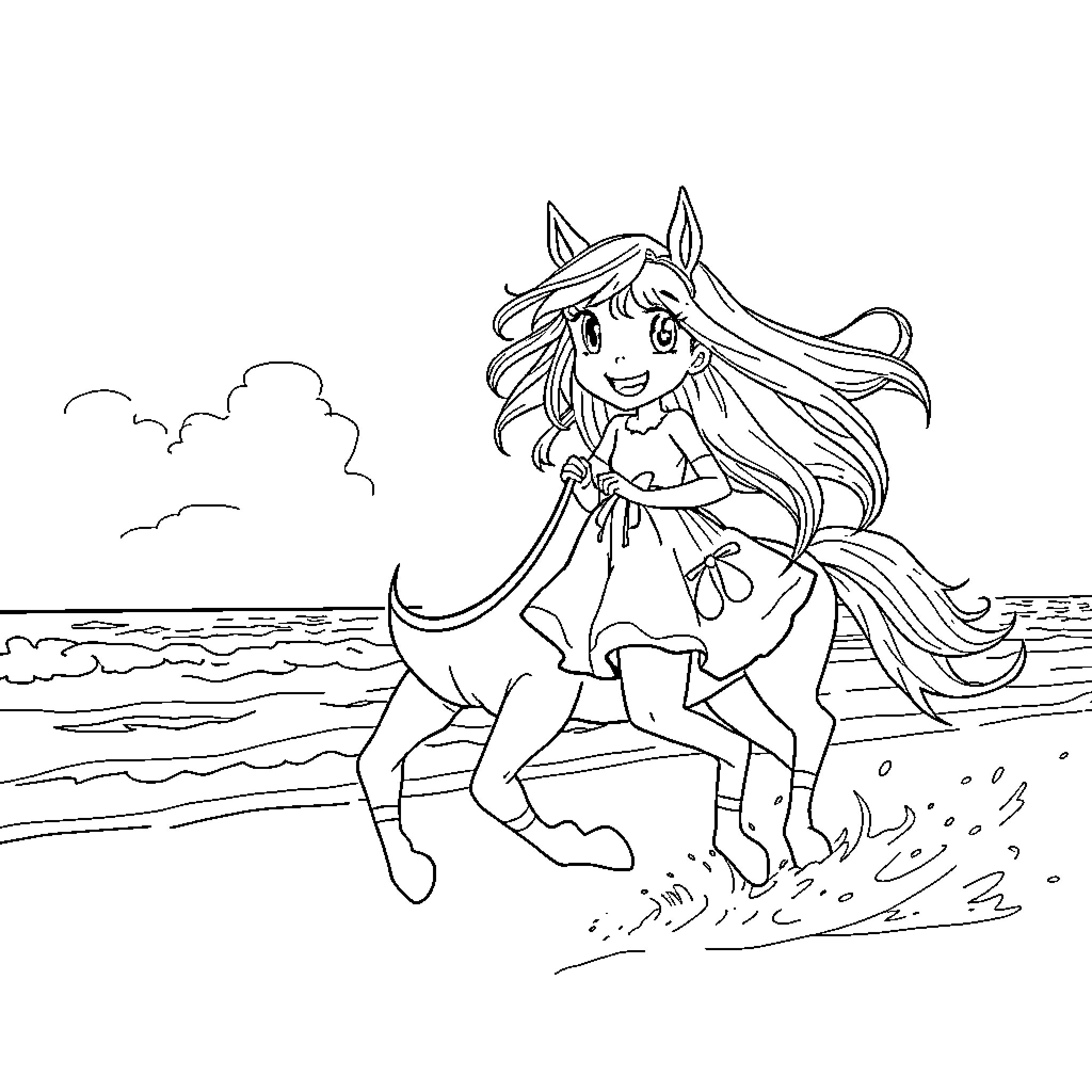 Girl playing joyfully on the beach Coloring Page (free black-and-white line drawing printable PDF for all, from beginners to advanced learners, including children, teens, adults, and seniors)