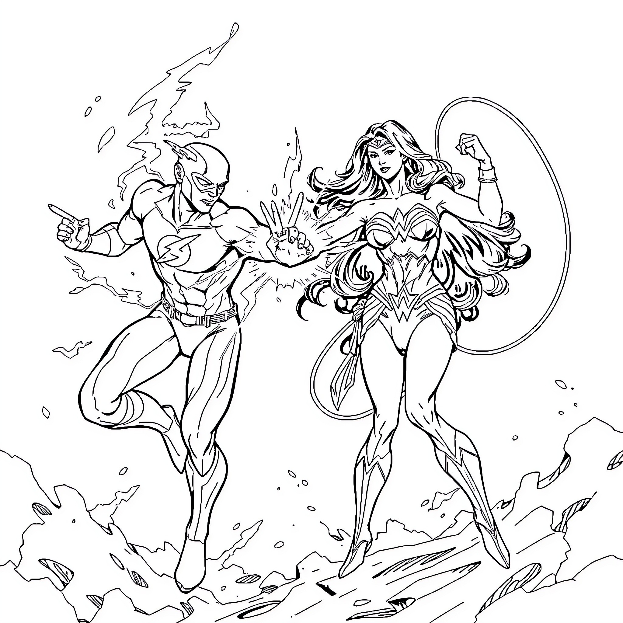 Flash of Heroic Clash in Action Coloring Page (free black-and-white line drawing printable PDF for all, from beginners to advanced learners, including children, teens, adults, and seniors)