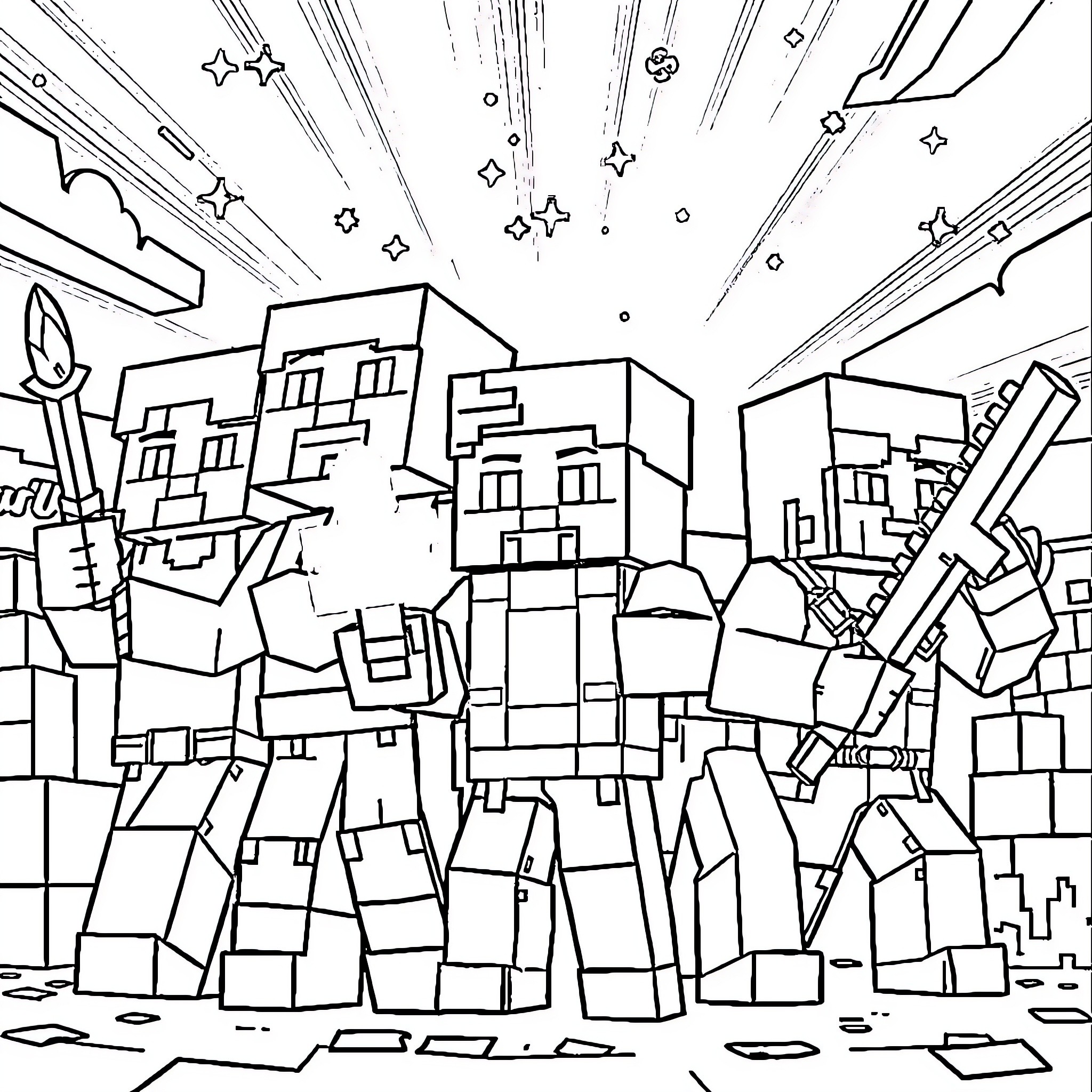 Minecraft Characters Battling Monsters with Weapons Coloring Page (free black-and-white line drawing printable PDF for all, from beginners to advanced learners, including children, teens, adults, and seniors)