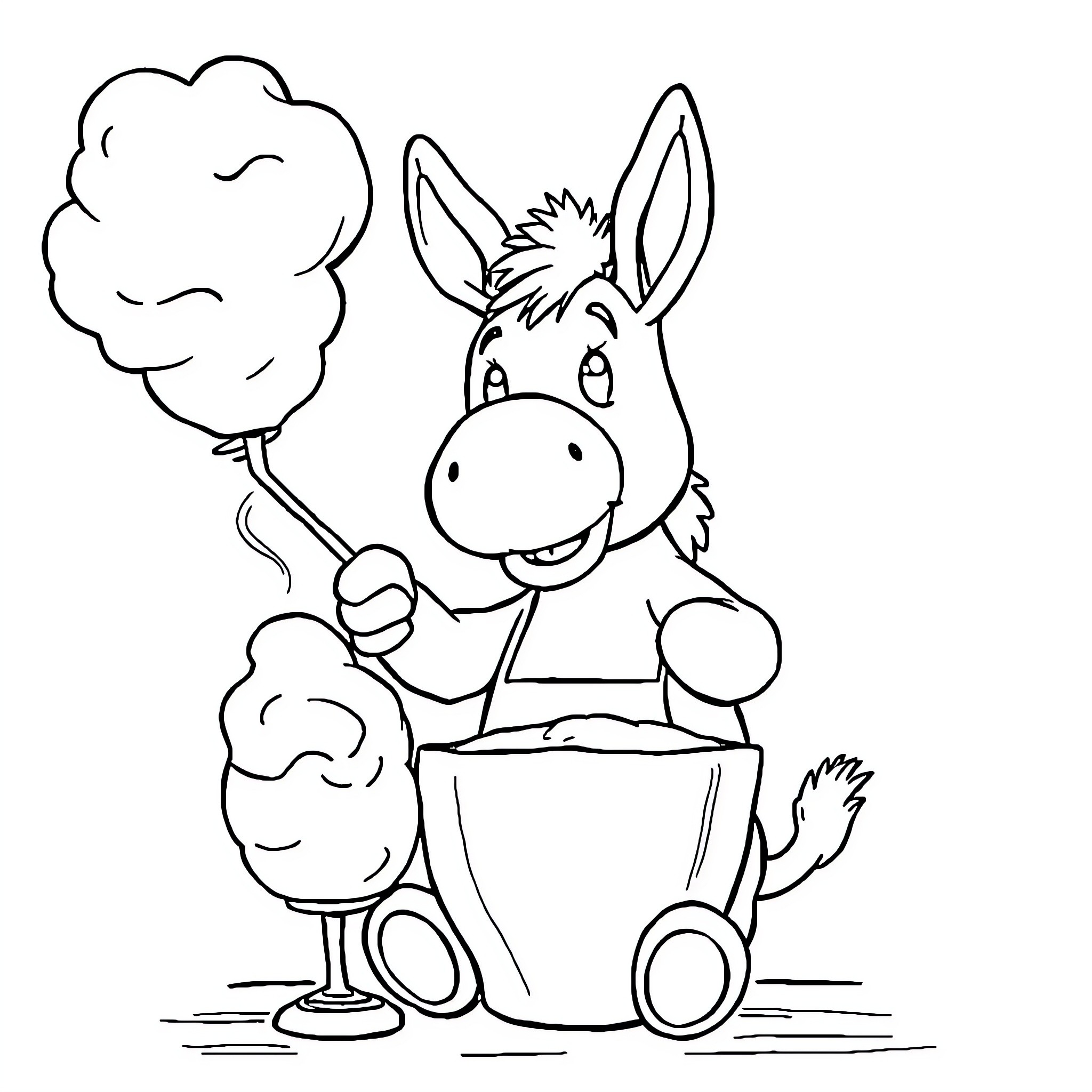 Donkey riding in cart with cotton candy Coloring Page (free black-and-white line drawing printable PDF for all, from beginners to advanced learners, including children, teens, adults, and seniors)