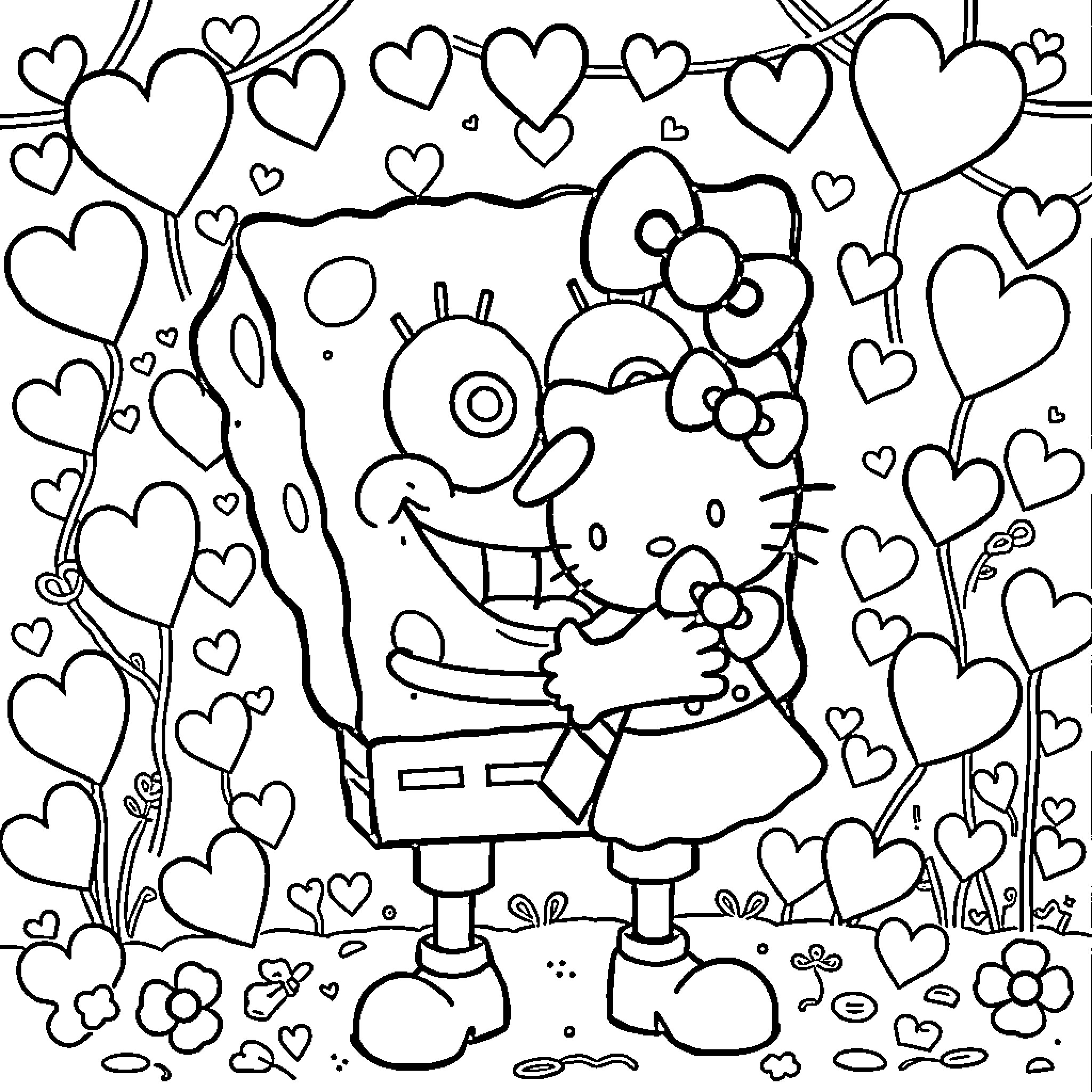 Spongebob in a Heart-Filled Wonderland Coloring Page (free black-and-white line drawing printable PDF for all, from beginners to advanced learners, including children, teens, adults, and seniors)
