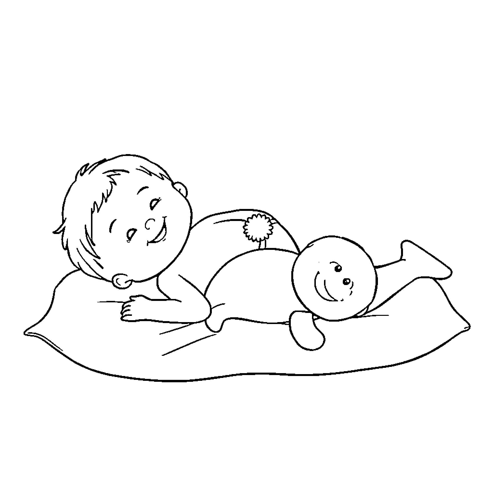 Belly of a sleeping infant with plush toy Coloring Page (free black-and-white line drawing printable PDF for all, from beginners to advanced learners, including children, teens, adults, and seniors)
