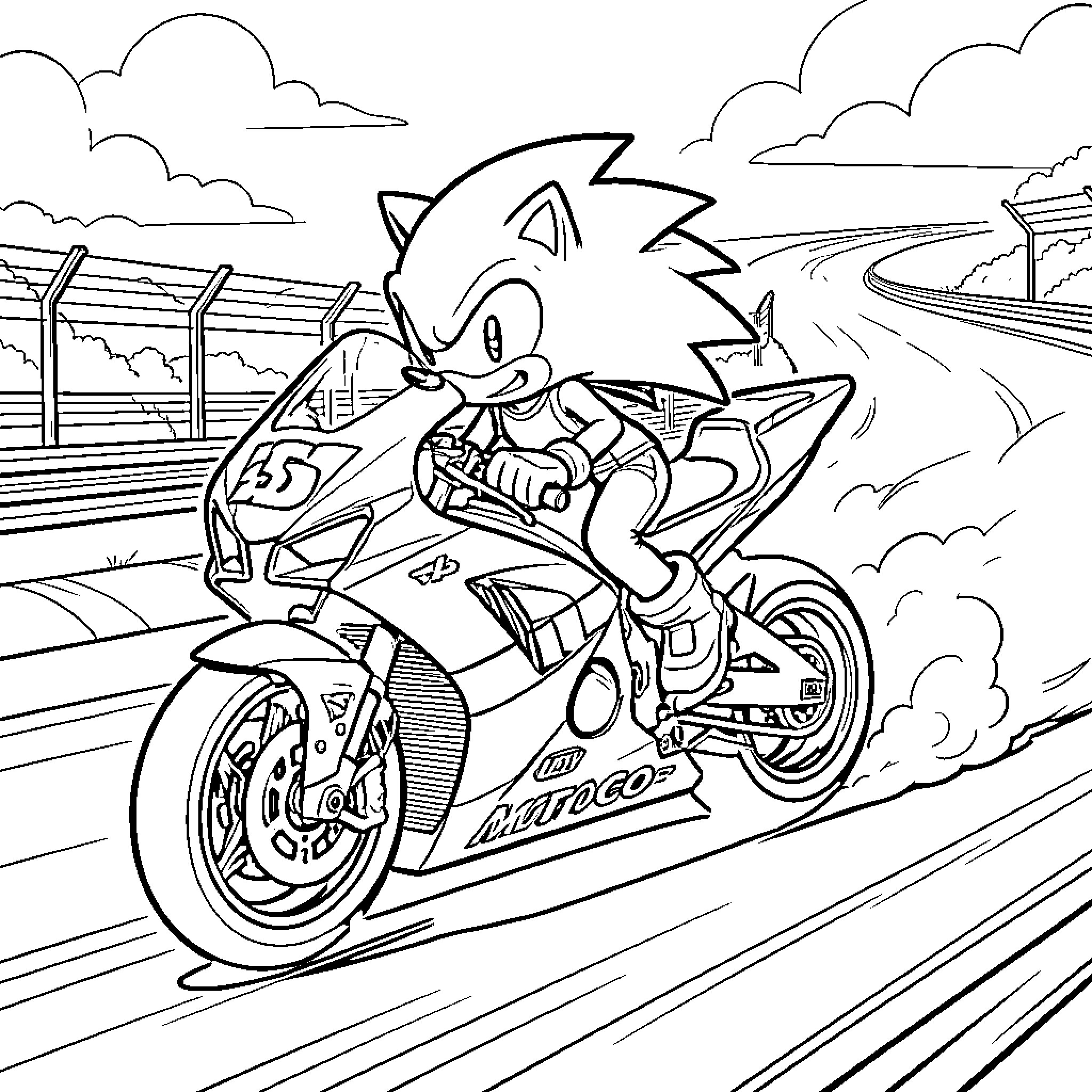 Sonic riding a fast motorcycle on a racing track Coloring Page (free black-and-white line drawing printable PDF for all, from beginners to advanced learners, including children, teens, adults, and seniors)