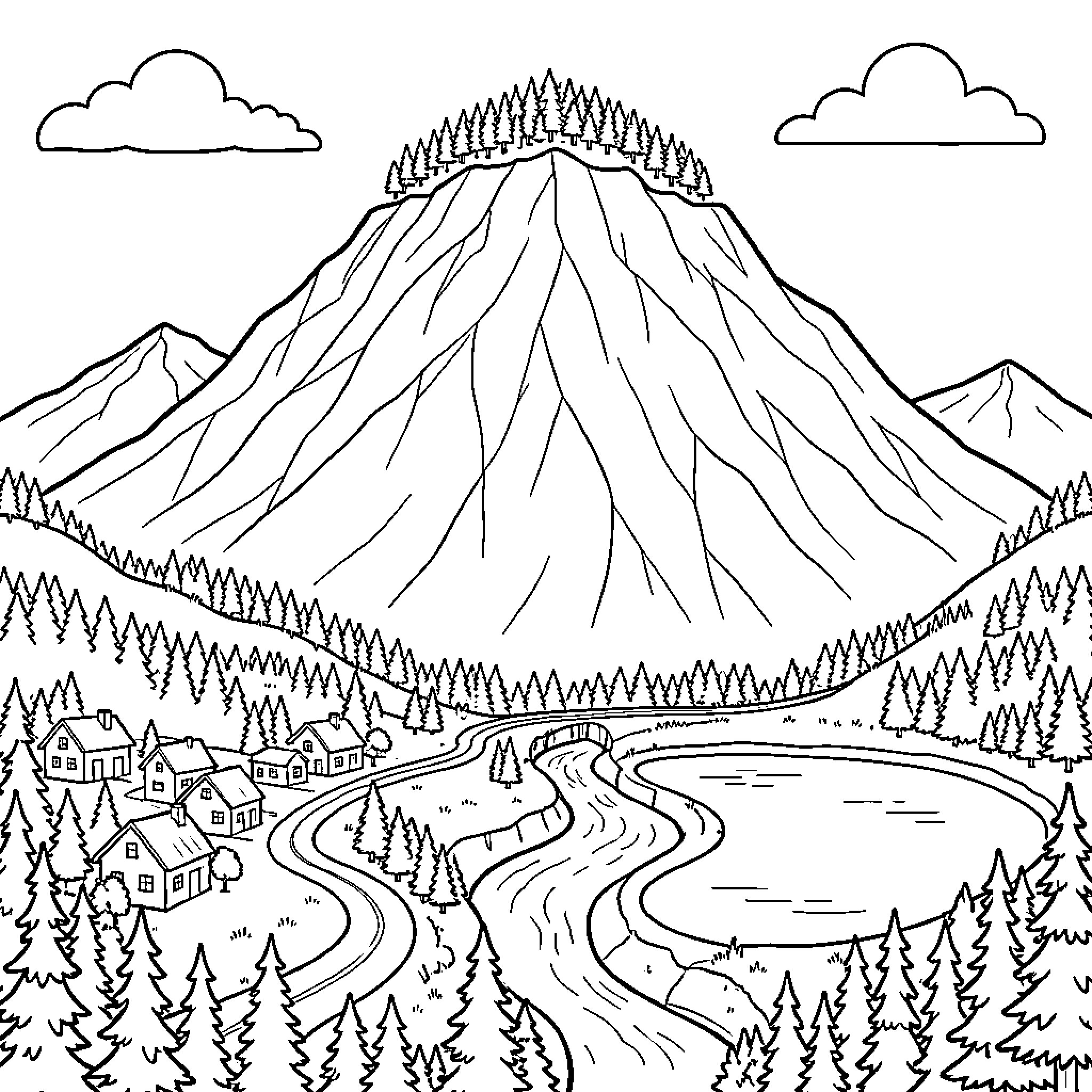 Mountain landscape featuring a winding river and forest Coloring Page (free black-and-white line drawing printable PDF for all, from beginners to advanced learners, including children, teens, adults, and seniors)