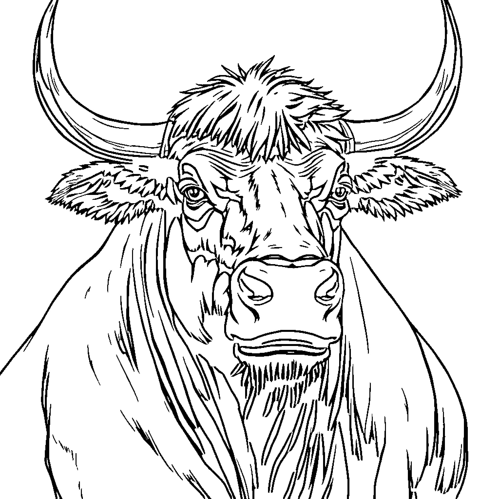Toro the Fierce Highland Bovine Coloring Page (free black-and-white line drawing printable PDF for all, from beginners to advanced learners, including children, teens, adults, and seniors)