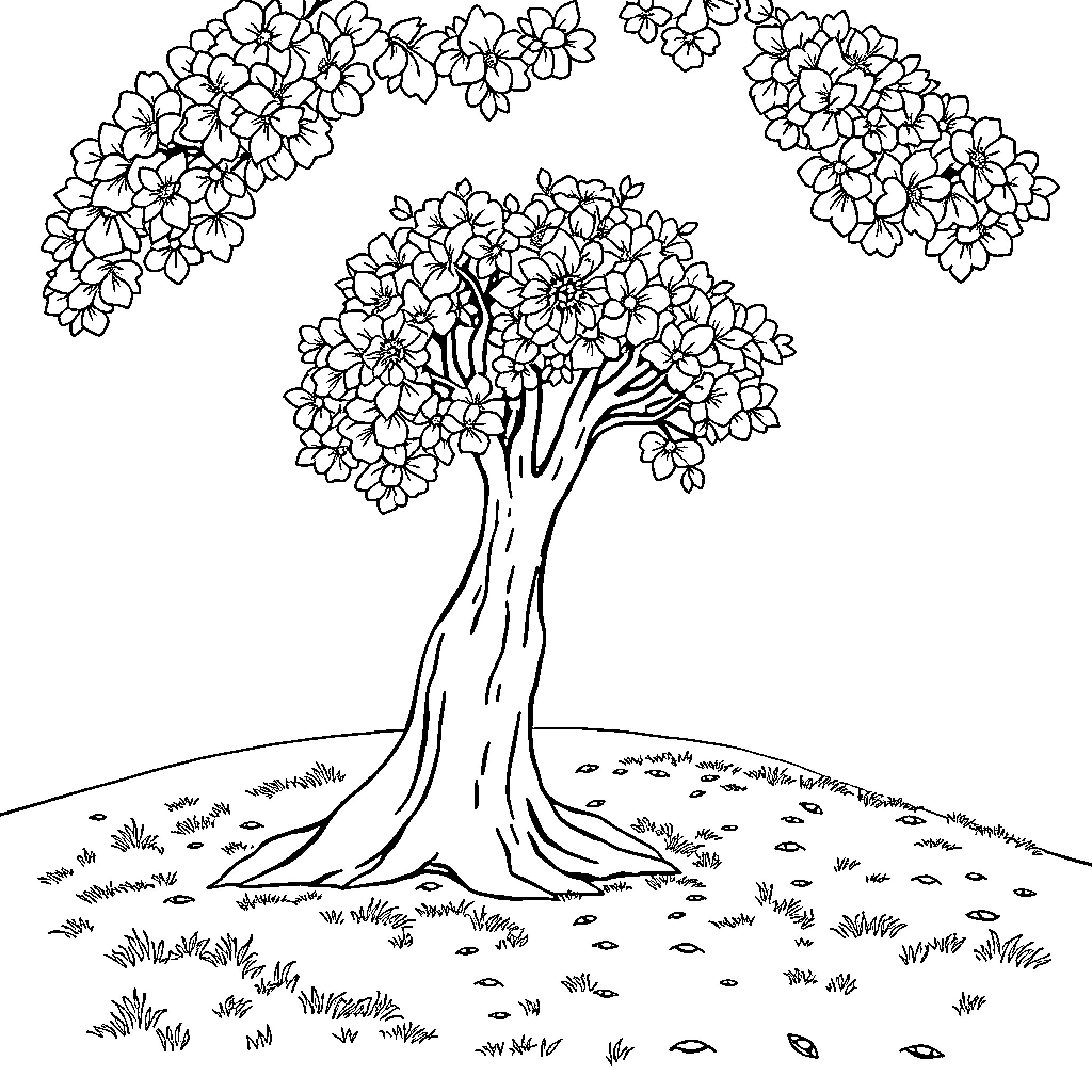 Captivating Floral Tree in Serene Landscape Coloring Page (free black-and-white line drawing printable PDF for all, from beginners to advanced learners, including children, teens, adults, and seniors)