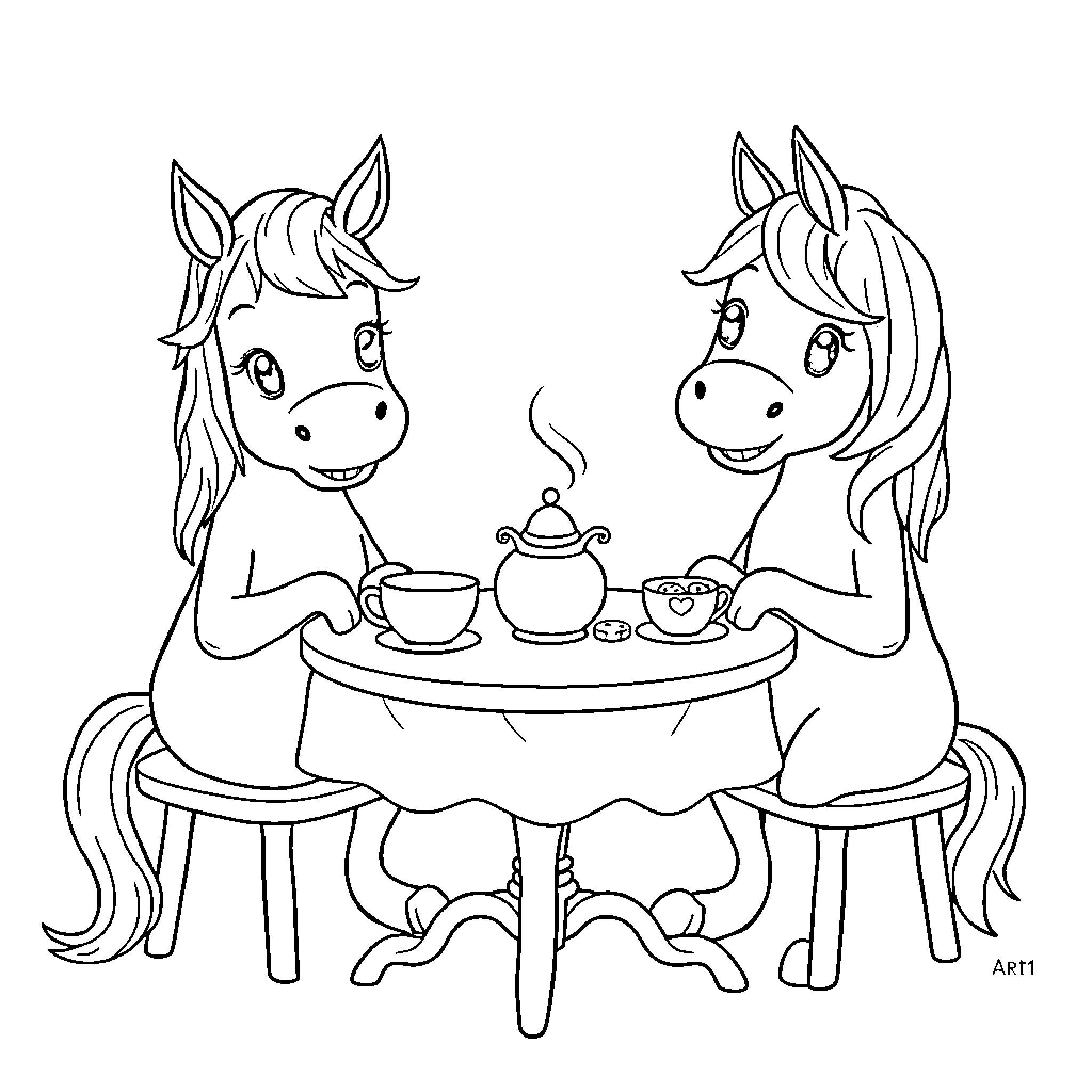 Horse friends enjoying a tea party Coloring Page (free black-and-white line drawing printable PDF for all, from beginners to advanced learners, including children, teens, adults, and seniors)