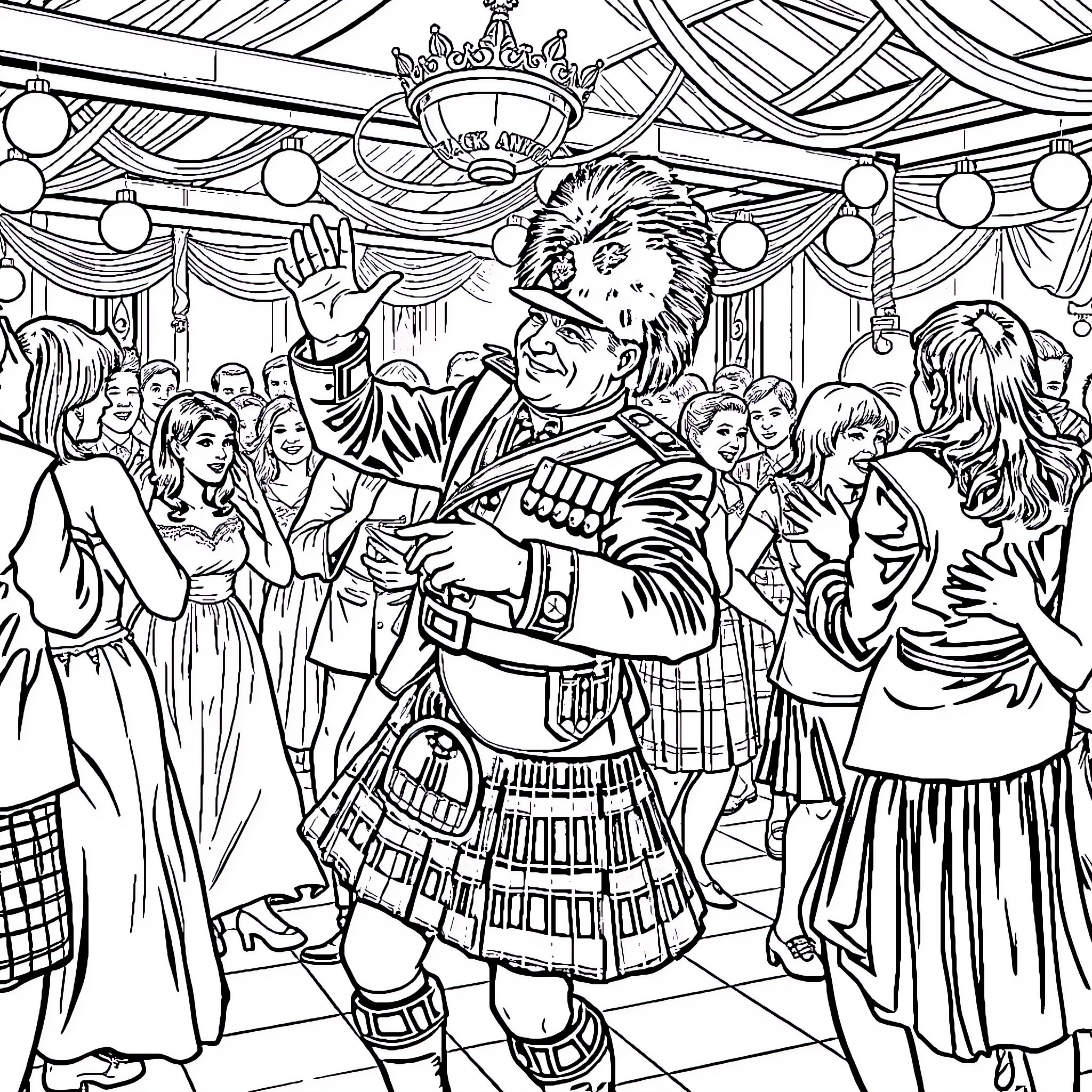 Officer Presides Over Festive Celebration with Crowd Coloring Page (free black-and-white line drawing printable PDF for all, from beginners to advanced learners, including children, teens, adults, and seniors)