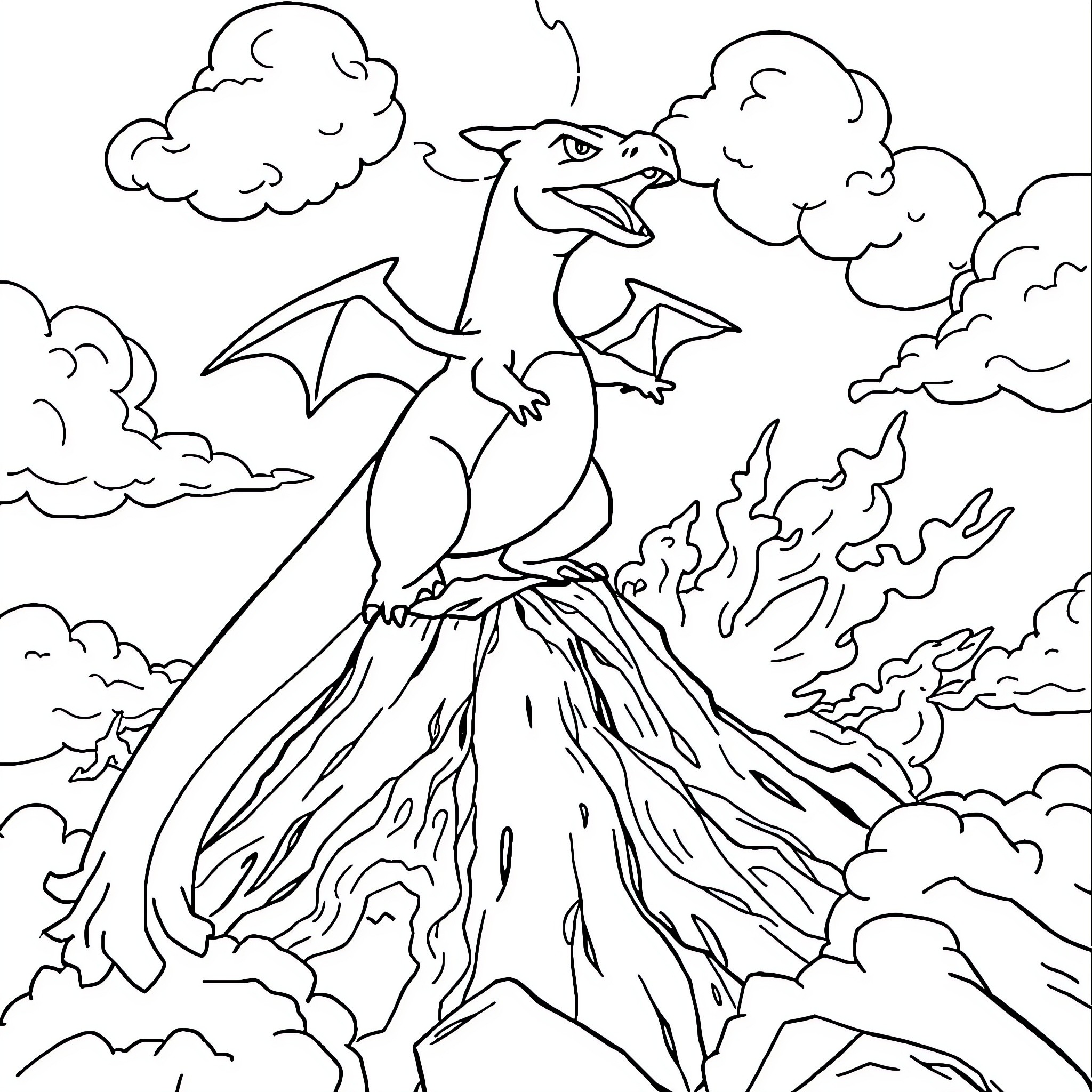 Charizard emerging from a volcanic eruption Coloring Page (free black-and-white line drawing printable PDF for all, from beginners to advanced learners, including children, teens, adults, and seniors)