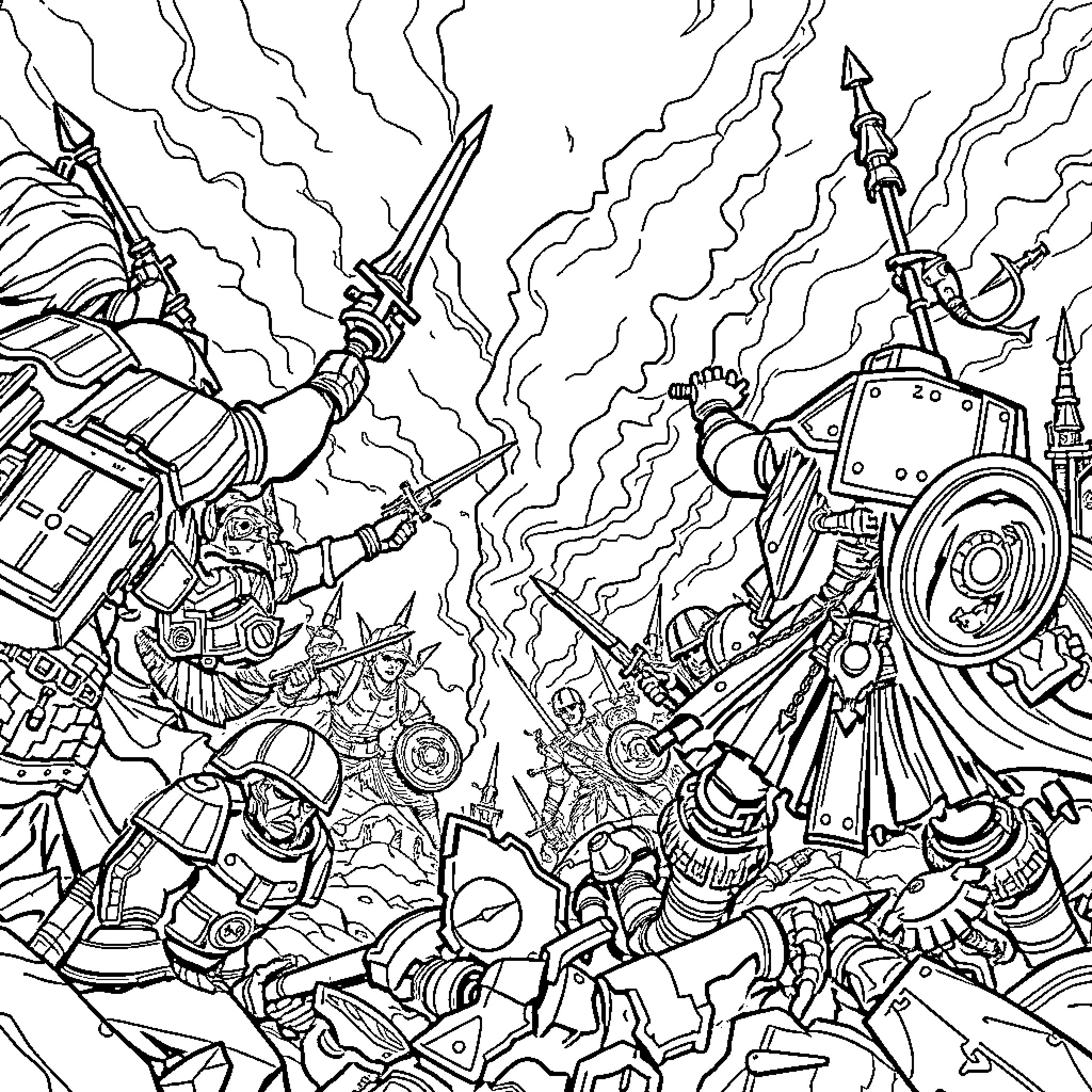 Warrior Soldiers in Fierce Battle with Advanced Weaponry Coloring Page (free black-and-white line drawing printable PDF for all, from beginners to advanced learners, including children, teens, adults, and seniors)