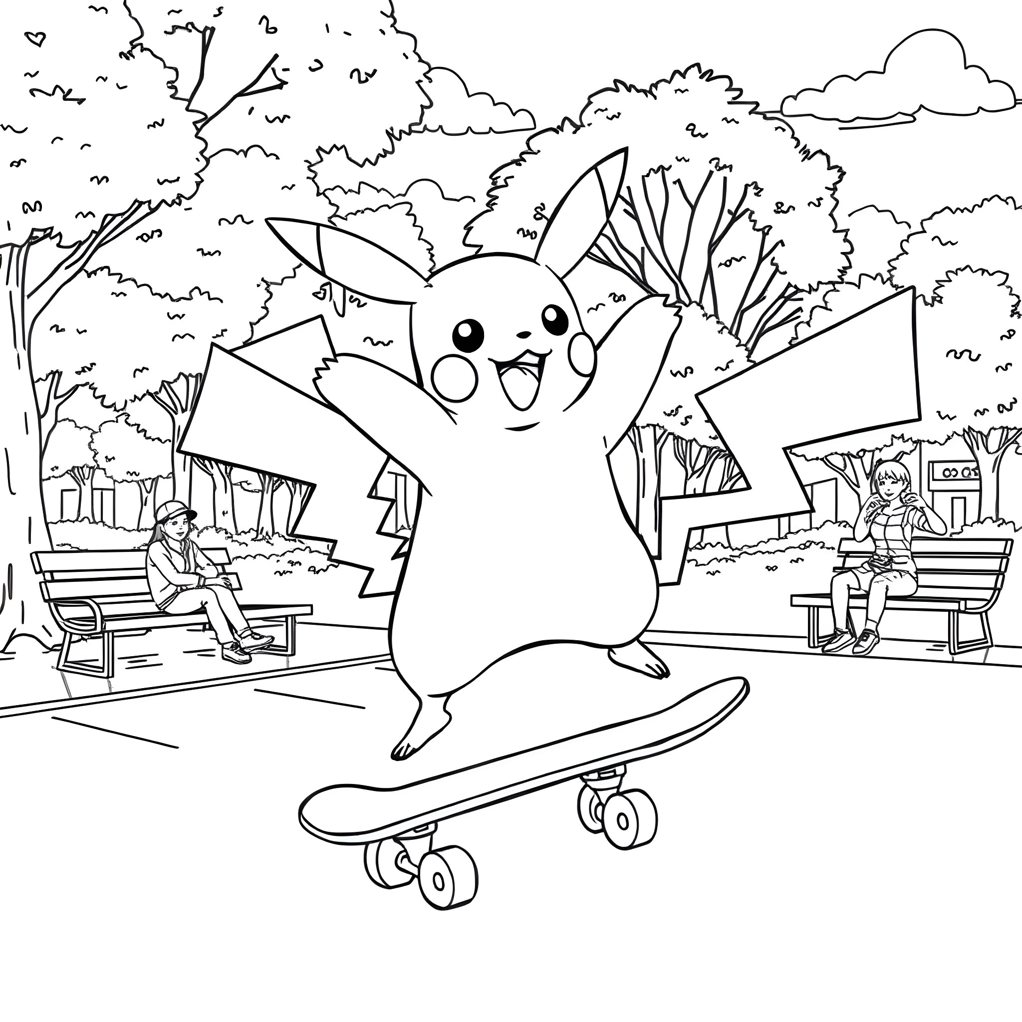Pikachu skateboarding and playing in the park Coloring Page (free black-and-white line drawing printable PDF for all, from beginners to advanced learners, including children, teens, adults, and seniors)