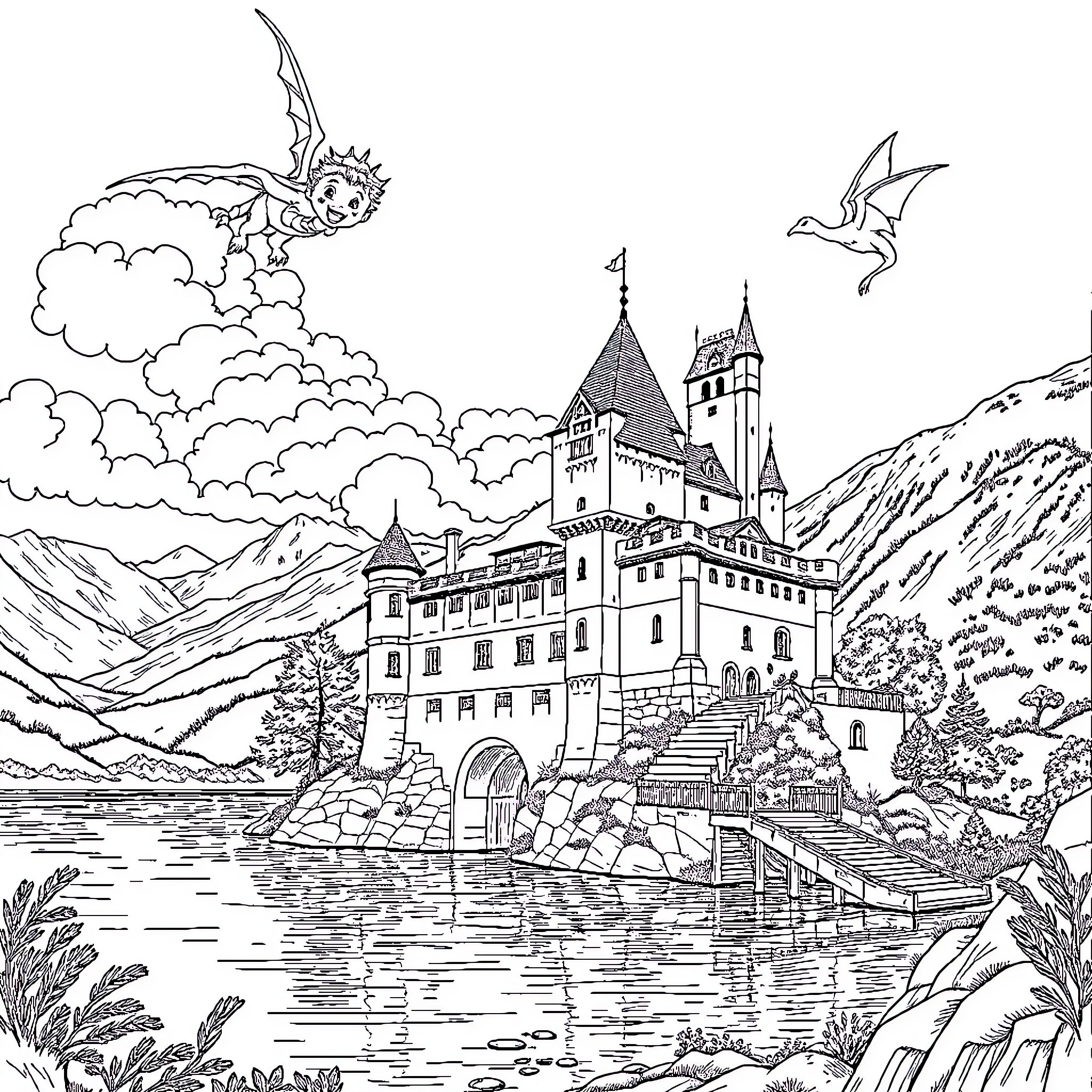 Château with winged creatures in the clouds Coloring Page (free black-and-white line drawing printable PDF for all, from beginners to advanced learners, including children, teens, adults, and seniors)