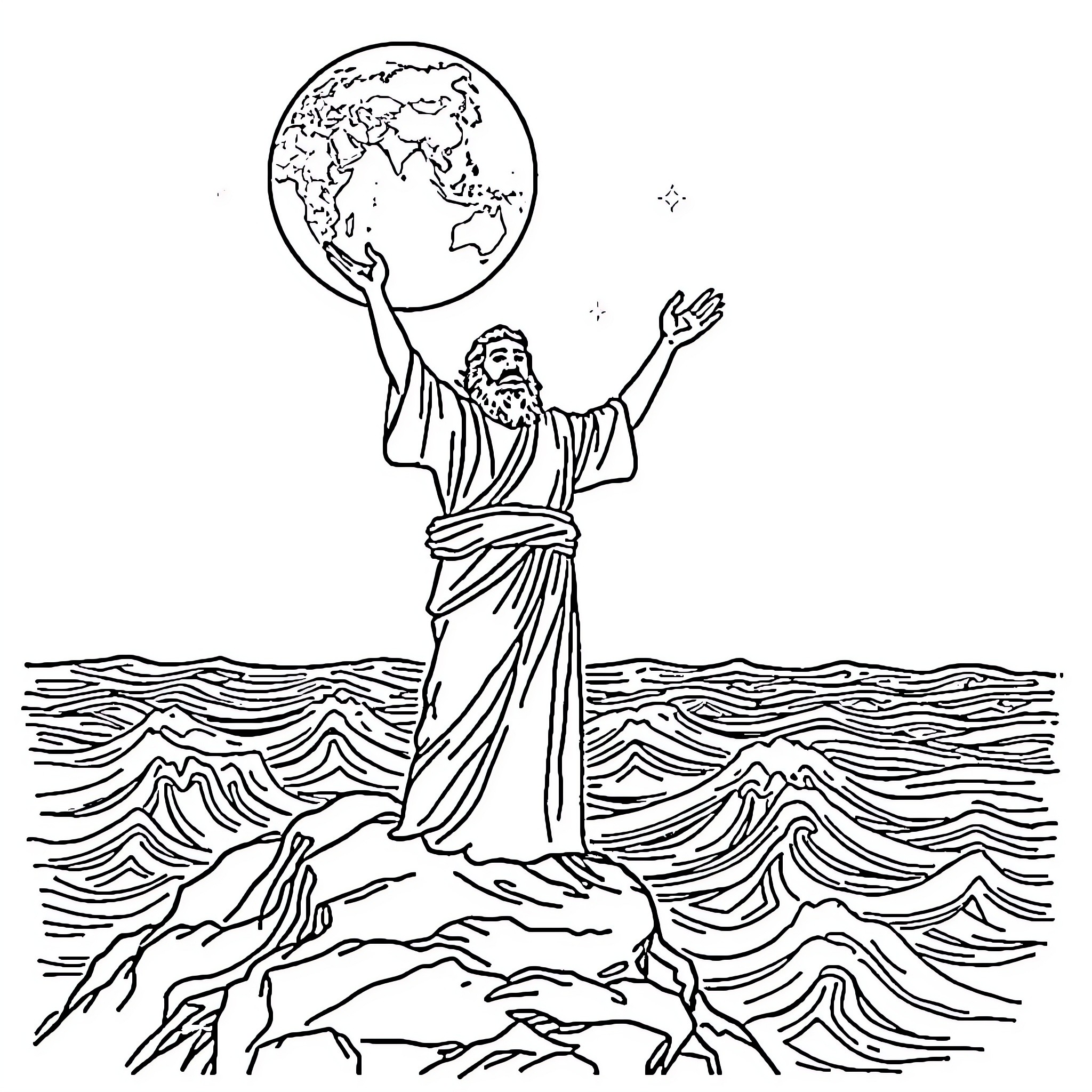 Moses Holding the World in His Hands Coloring Page (free black-and-white line drawing printable PDF for all, from beginners to advanced learners, including children, teens, adults, and seniors)