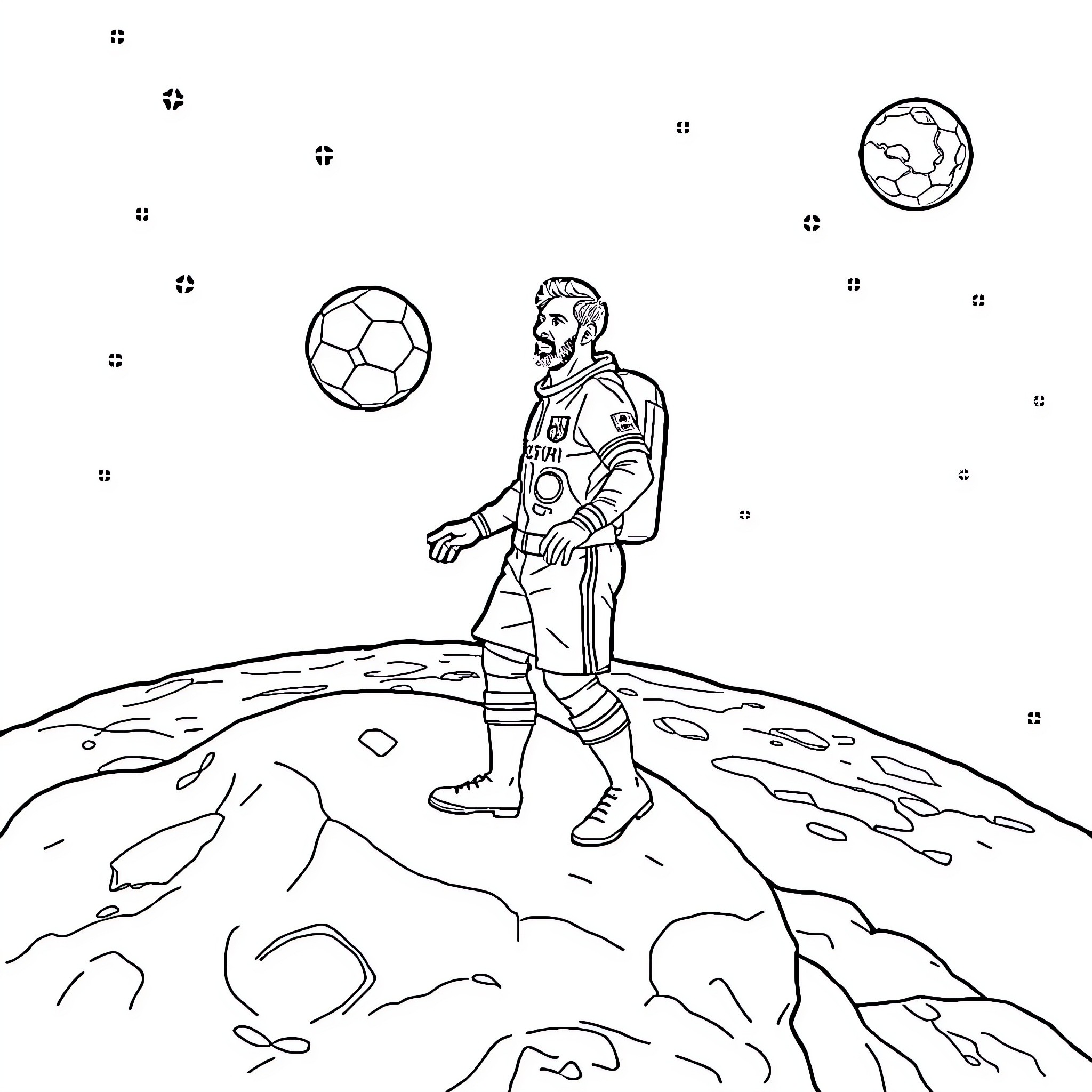 Messi's Extraterrestrial Soccer Adventure Coloring Page (free black-and-white line drawing printable PDF for all, from beginners to advanced learners, including children, teens, adults, and seniors)