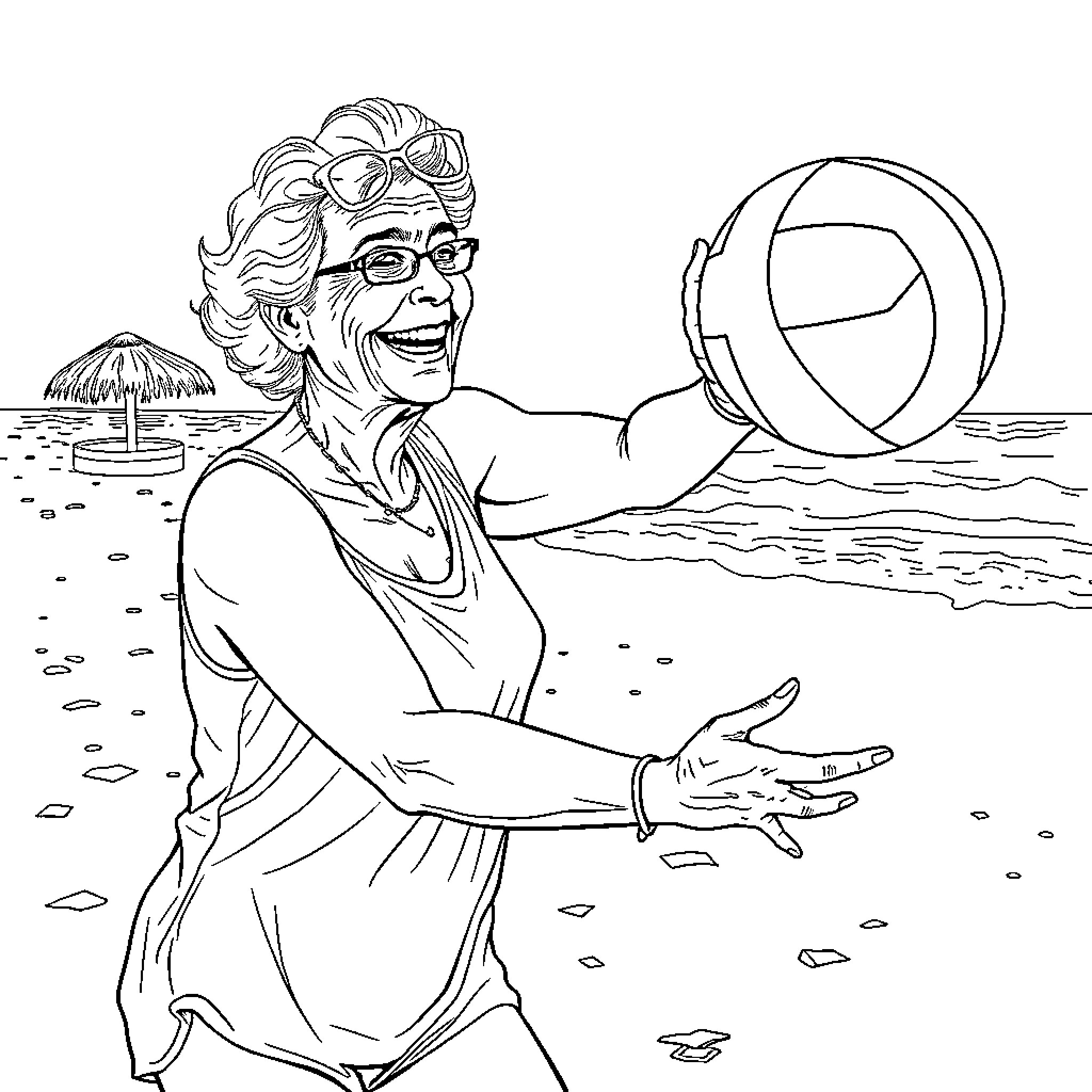 Lady enjoying beach ball and ocean view Coloring Page (free black-and-white line drawing printable PDF for all, from beginners to advanced learners, including children, teens, adults, and seniors)