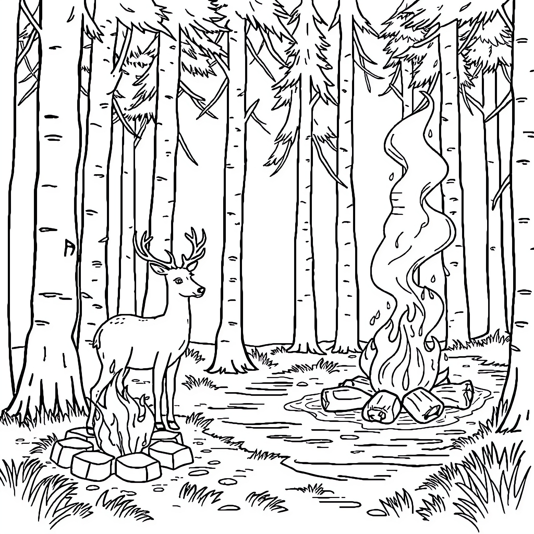 Deer in the Enchanted Forest Coloring Page (free black-and-white line drawing printable PDF for all, from beginners to advanced learners, including children, teens, adults, and seniors)