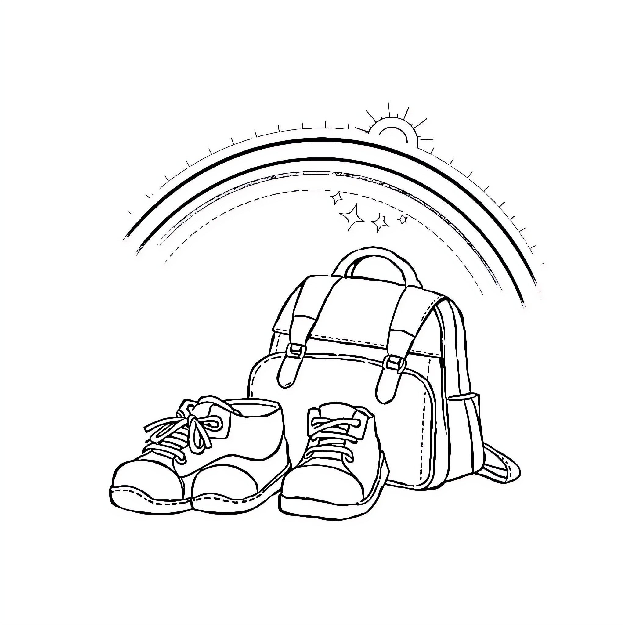 Chaussure - Backpack and shoes under the sky Coloring Page (free black-and-white line drawing printable PDF for all, from beginners to advanced learners, including children, teens, adults, and seniors)