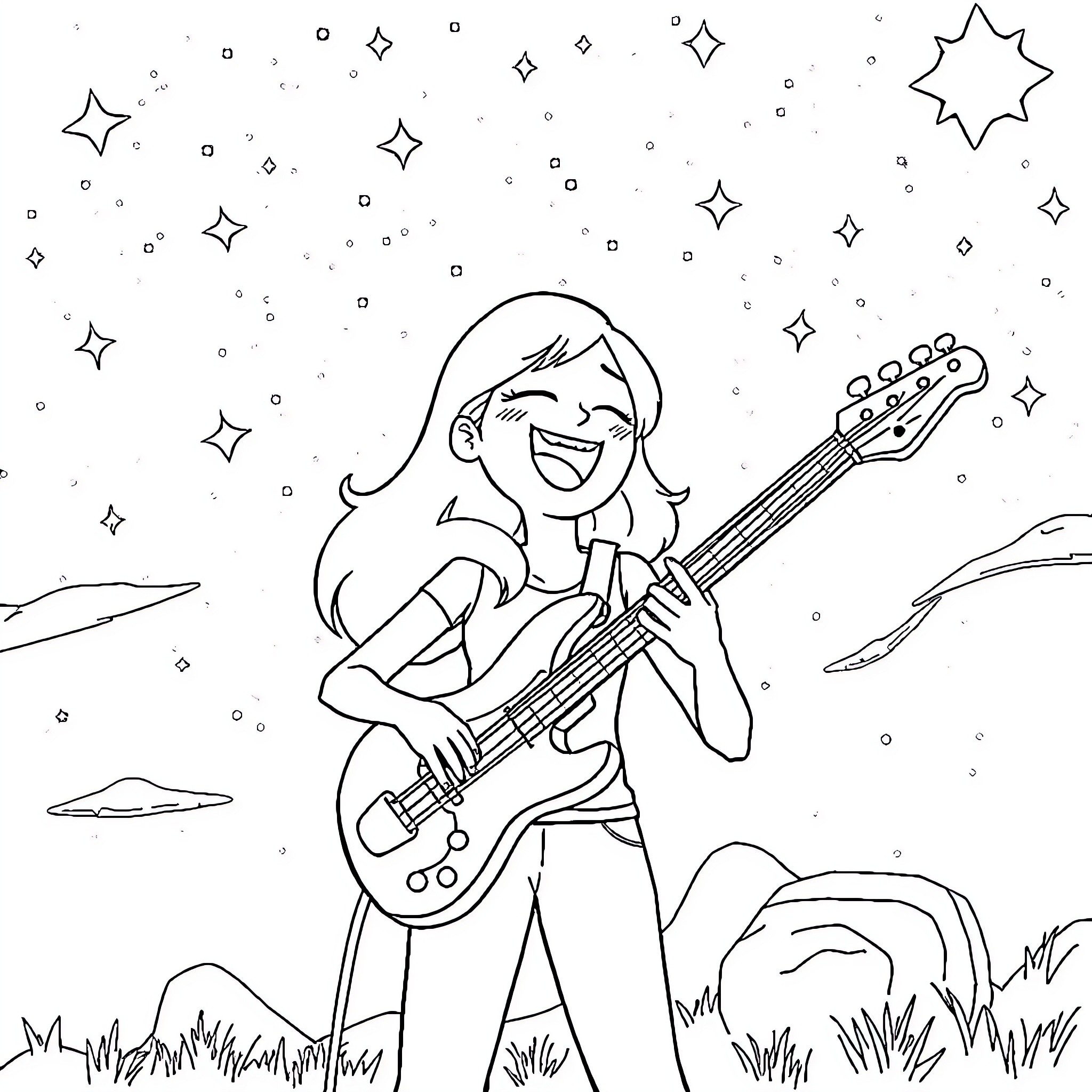 Marceline Rocking Out Under the Starry Sky Coloring Page (free black-and-white line drawing printable PDF for all, from beginners to advanced learners, including children, teens, adults, and seniors)