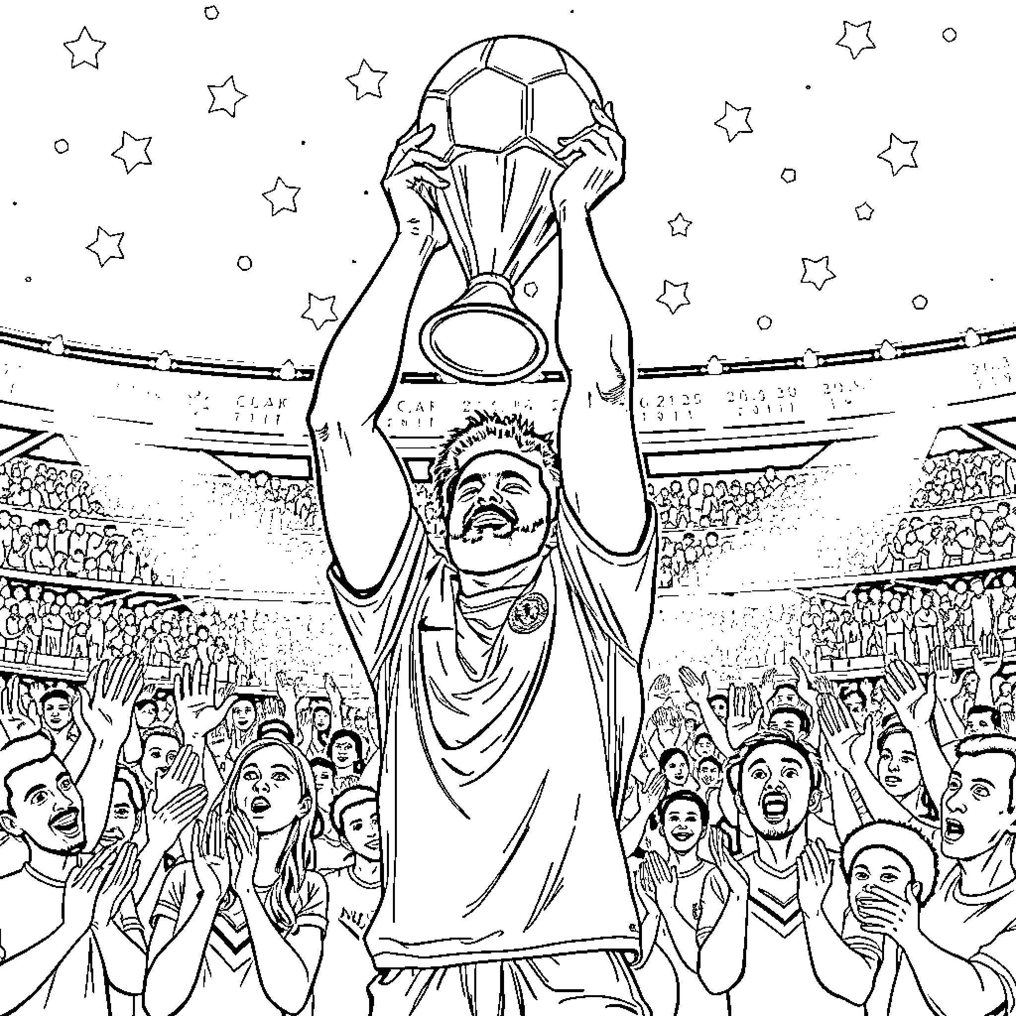 Lamine Yamal lifting soccer trophy in stadium Coloring Page (free black-and-white line drawing printable PDF for all, from beginners to advanced learners, including children, teens, adults, and seniors)