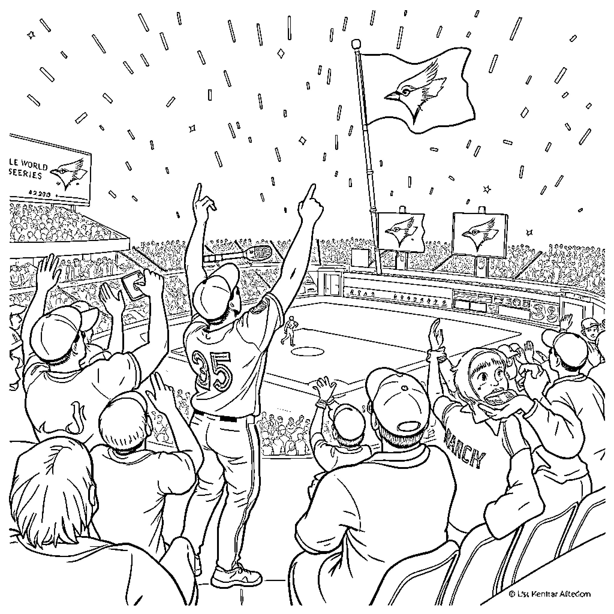 Blue Jay Fans Cheering at a Sporting Event Coloring Page (free black-and-white line drawing printable PDF for all, from beginners to advanced learners, including children, teens, adults, and seniors)
