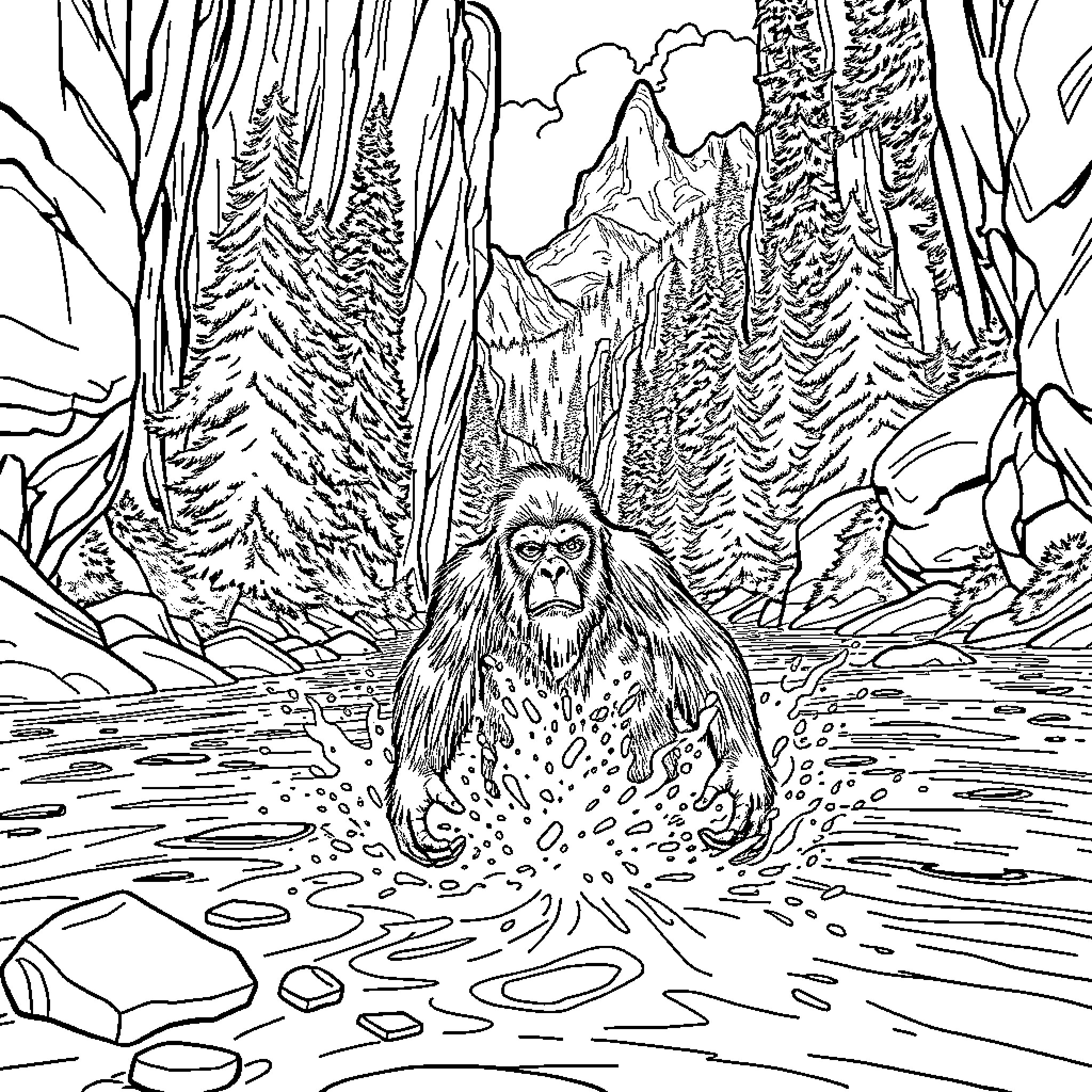 Sasquatch wading in forest stream Coloring Page (free black-and-white line drawing printable PDF for all, from beginners to advanced learners, including children, teens, adults, and seniors)